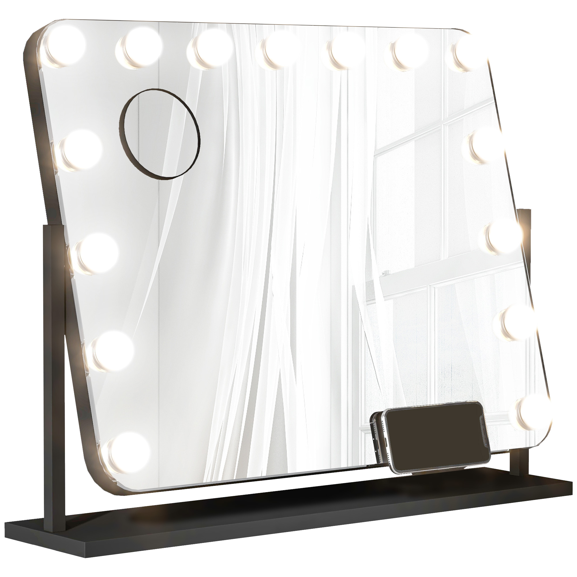 HOMCOM LED Kosmetikspiegel, 3 Lichtmodi, dimmbar, Touchsteuerung, USB, 62,5x49,5cm, Schwarz