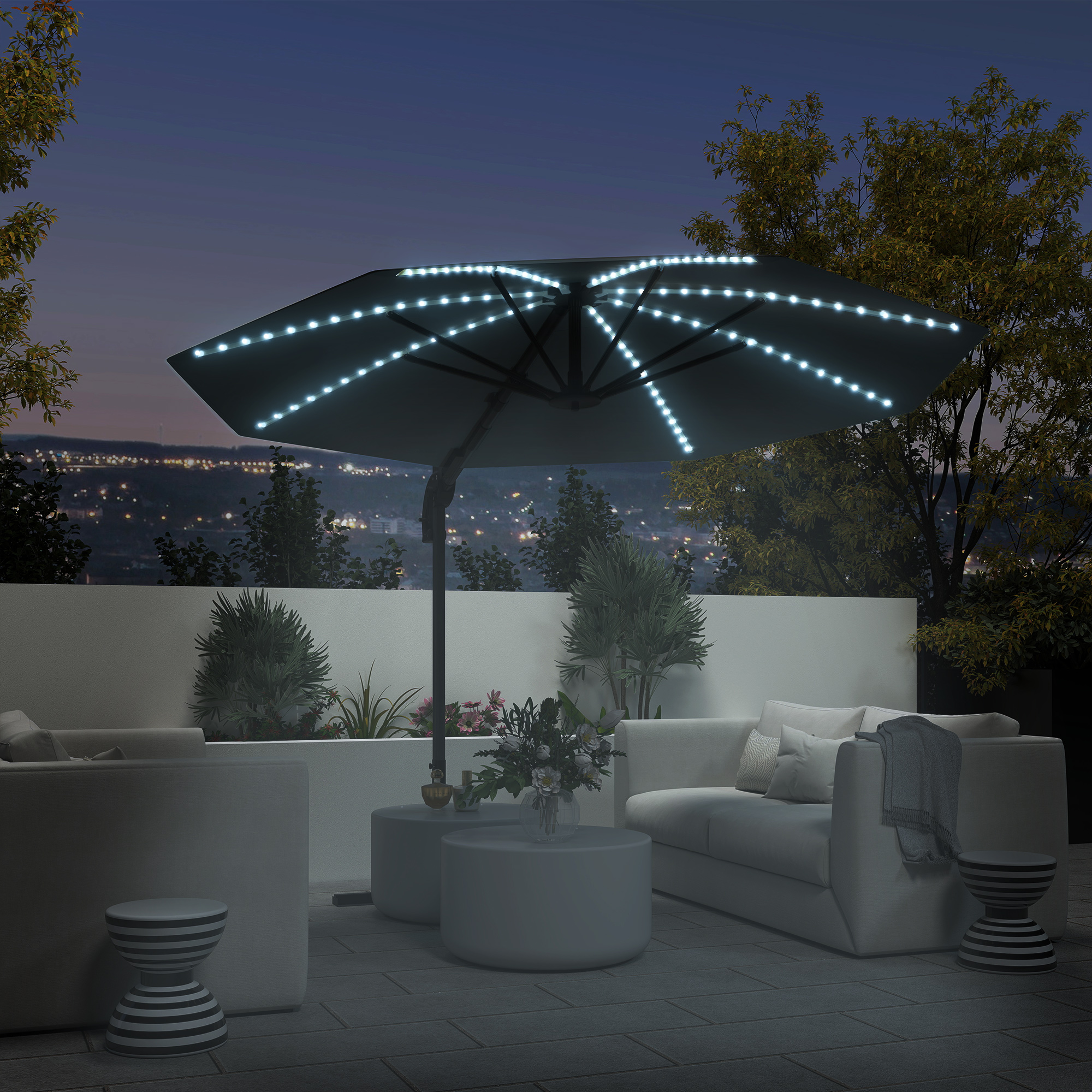 Outsunny Alu Ampelschirm LED Solar Ø300 cm höhenverstellbar Sonnenschirm mit Kurbel Ständer UV50+ Dunkelgrau