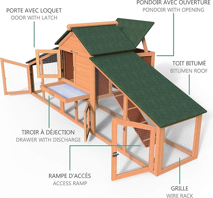 VOUNOT® Pollaio in Legno, Pollaio per Galline ovaiole da Esterno, 190 x 100 x 55cm