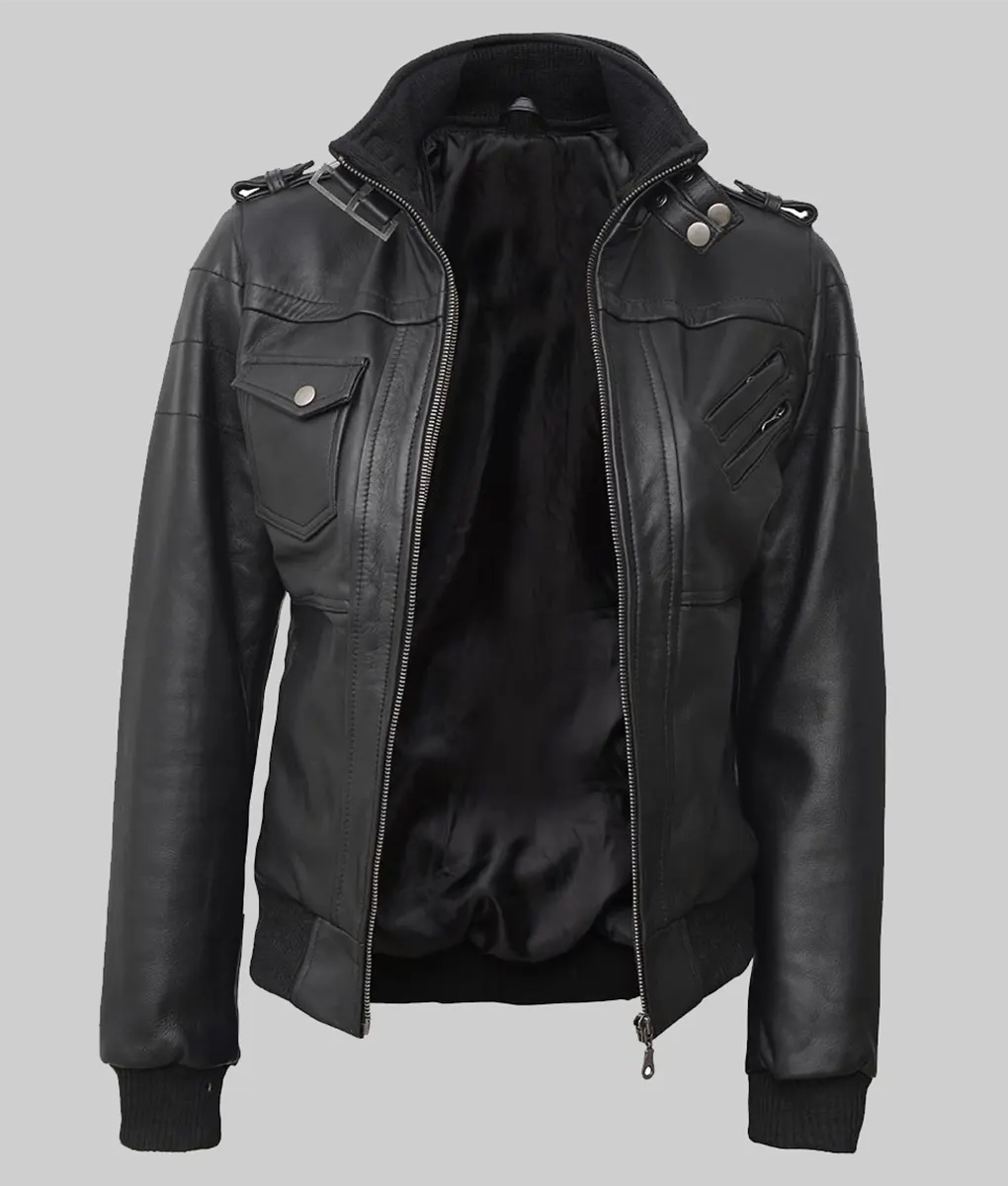 Janis Black Hooded Bomber Leather Jacket
