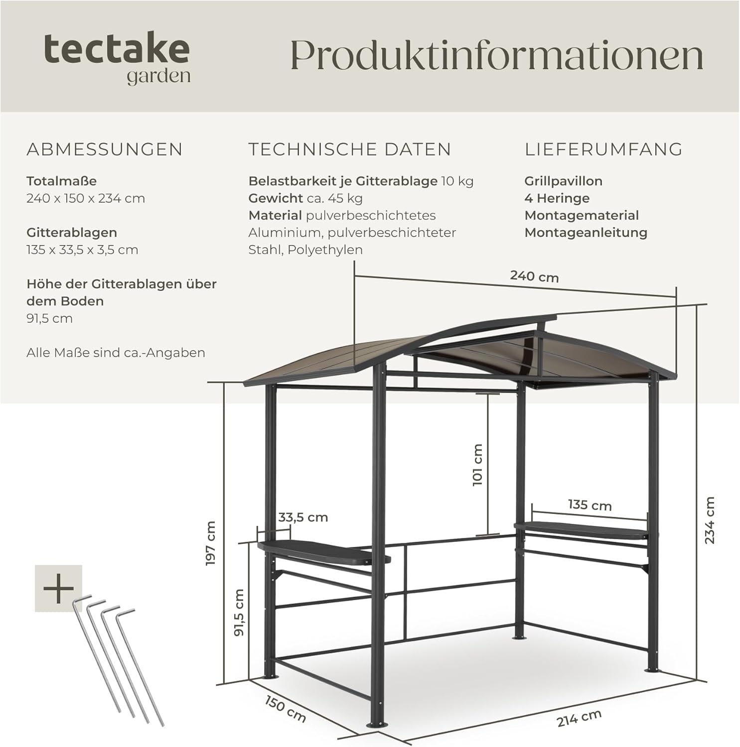 tectake® Outdoor Grillpavillon, Überdachung für Grill, Metall Pavillon für Outdoorküche auf Balkon, Garten oder Terrasse, Sichtschutz, Terrassenüberdachung, Gartenpavillon 240 x 150 x 234 - grau