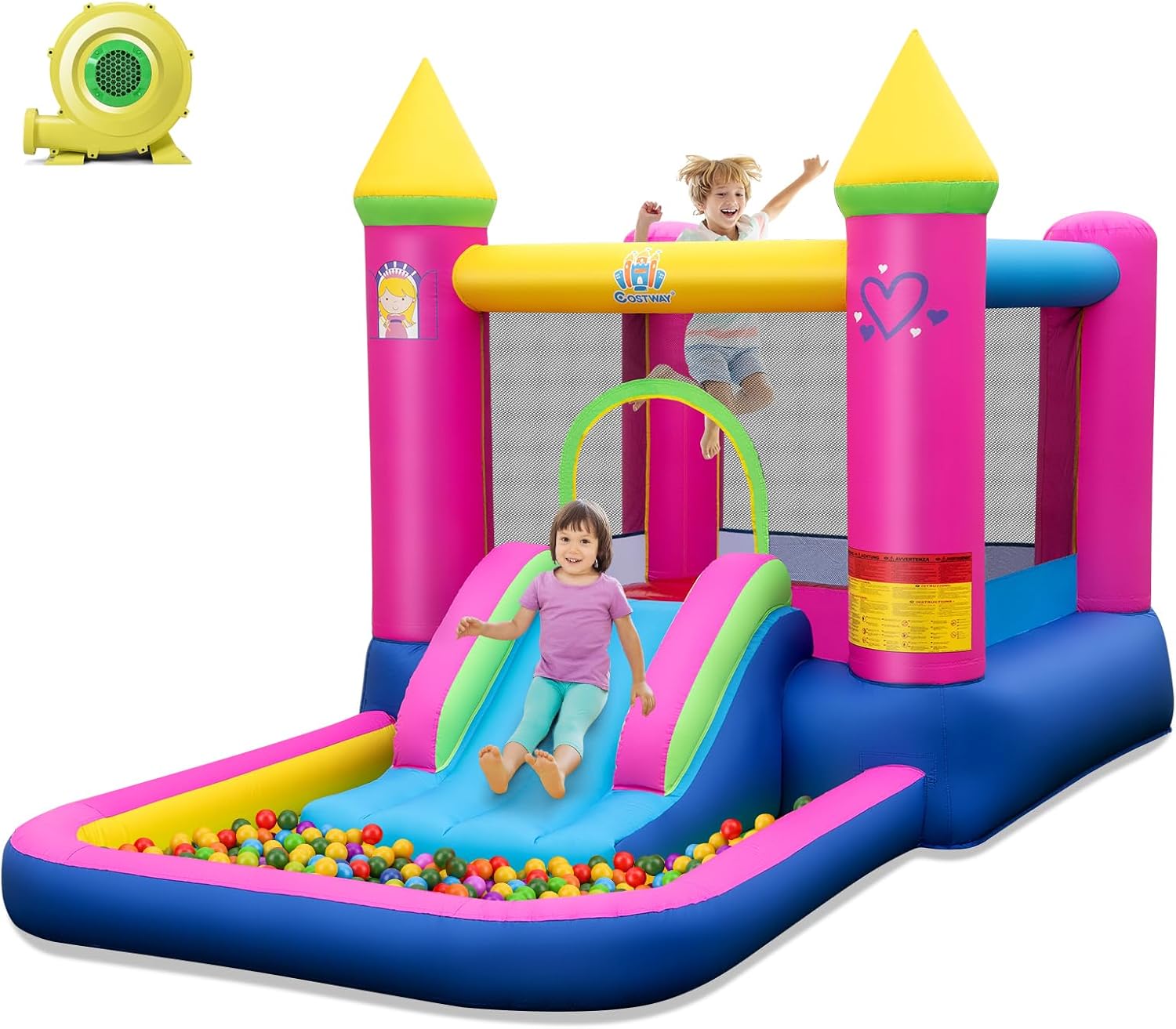 COSTWAY 4-in-1 Castello Gonfiabile per Bambini, Castello a Tema Principessa con Scivolo, Area Salto, Canestro da Basket e Vasca per Palline, Giochi Gonfiabile per 3-12 Anni (Senza Soffiatore)