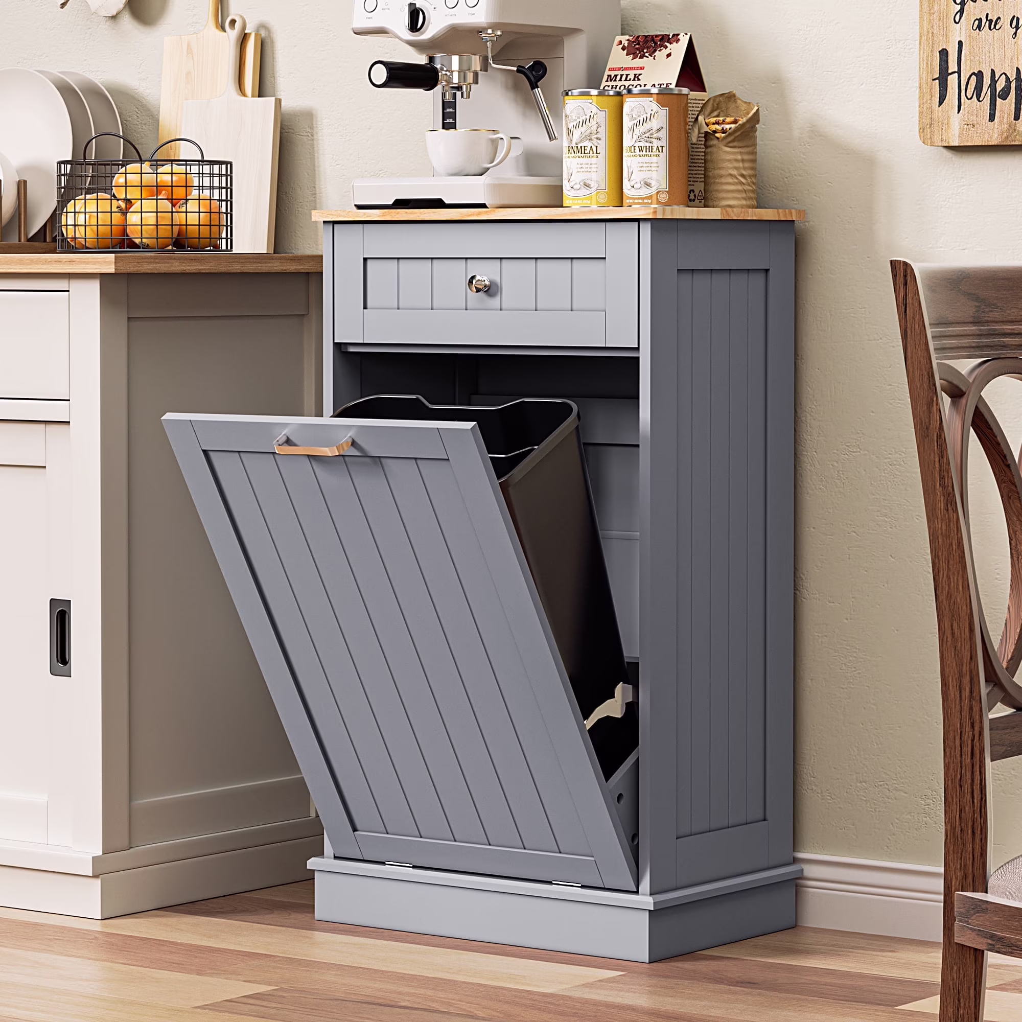 HARIPUL Single Tilt Out Trash Cabinet for 13 Gallon Waste Bin, Free Standing Kitchen Trash Can Cabinet with Drawers, White
