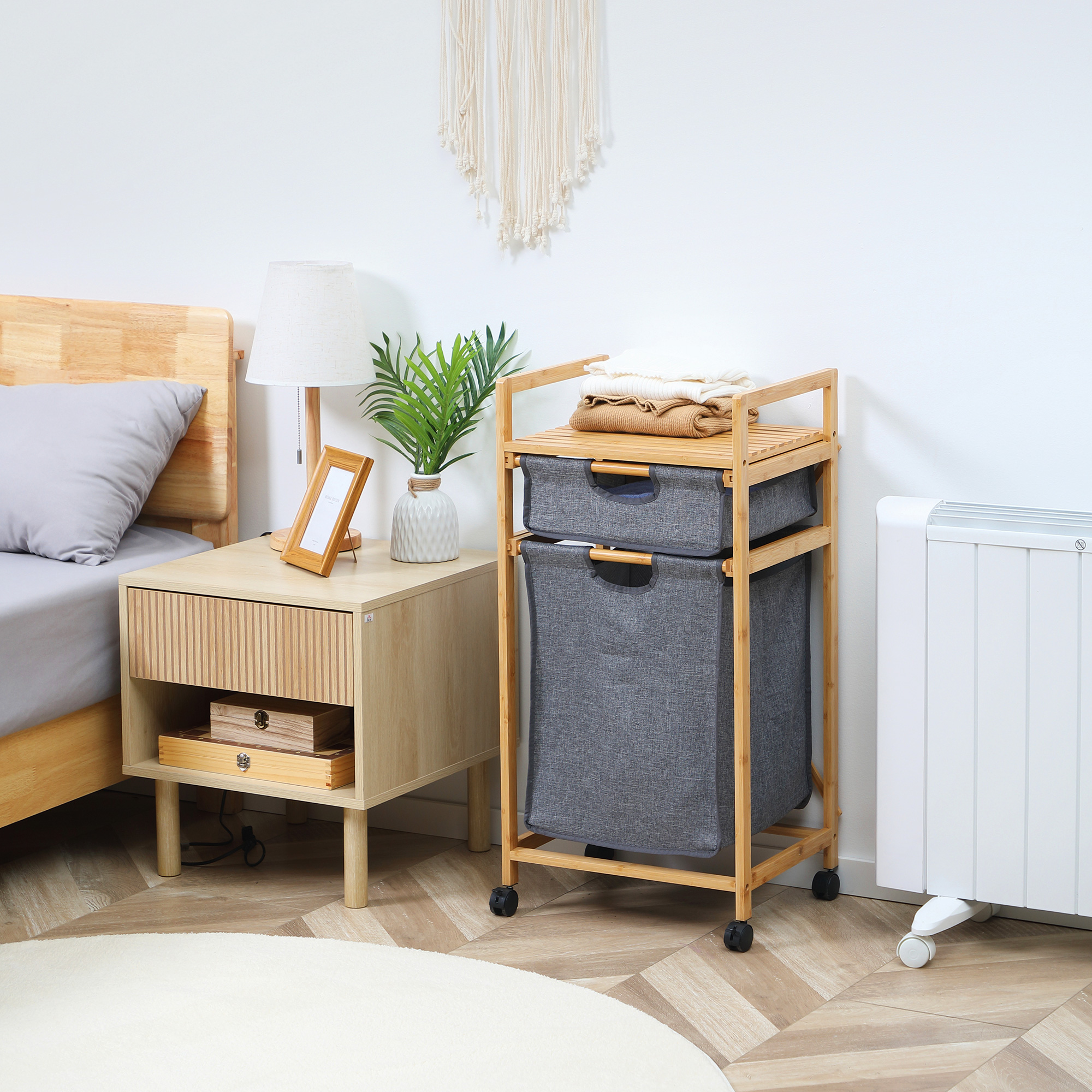 HOMCOM Wäschekorb 1 Schublade, 1 abnehmbarer Wäschekorb, 4 Räder 42 cm x 35 cm x 84,5 cm , Bambus, Natur + Grau