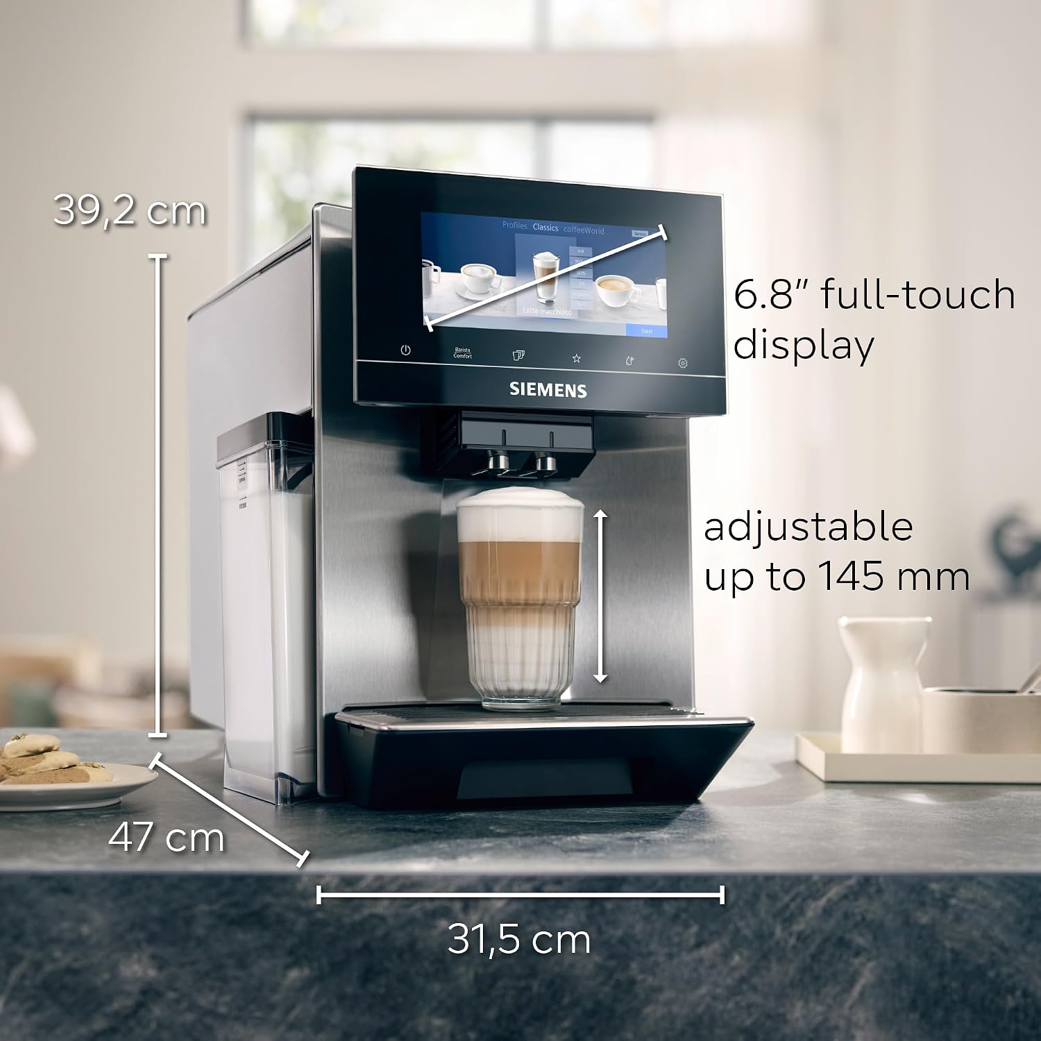 SIEMENS Macchina da caffè automatica EQ900 plus TQ903DZ3, pulizia automatica e decalcificazione, controllo app, display intuitivo, modalità barista, riduzione del rumore, smerigliatrice premiata, 1500