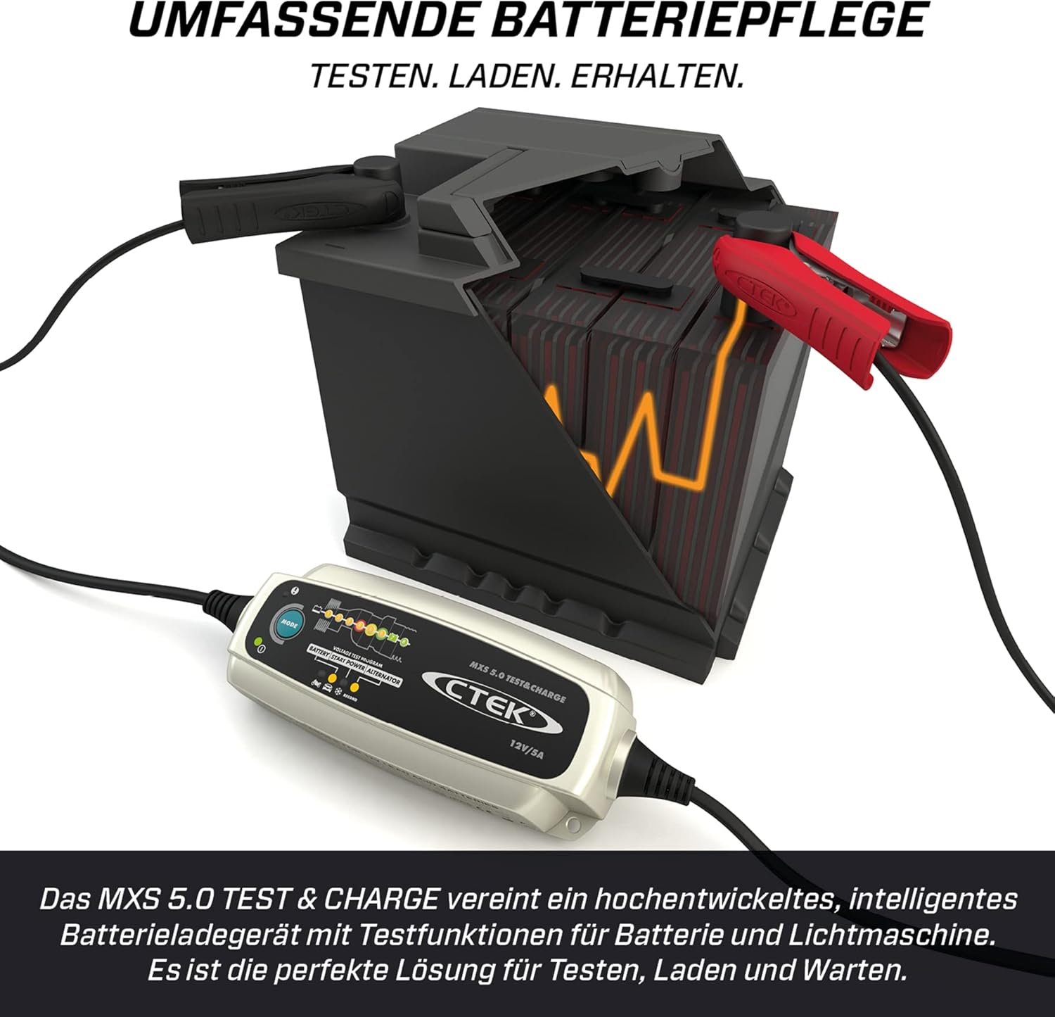CTEK MXS 5.0 Test & Charge, Batterieladegerät 12V, Batteriepfleger, Ladegerät Auto Und LKW Ladegerät, Testet Batterie Und Lichtmaschine, Entsulfatierungsprogramm Und Rekonditionierungsmodus