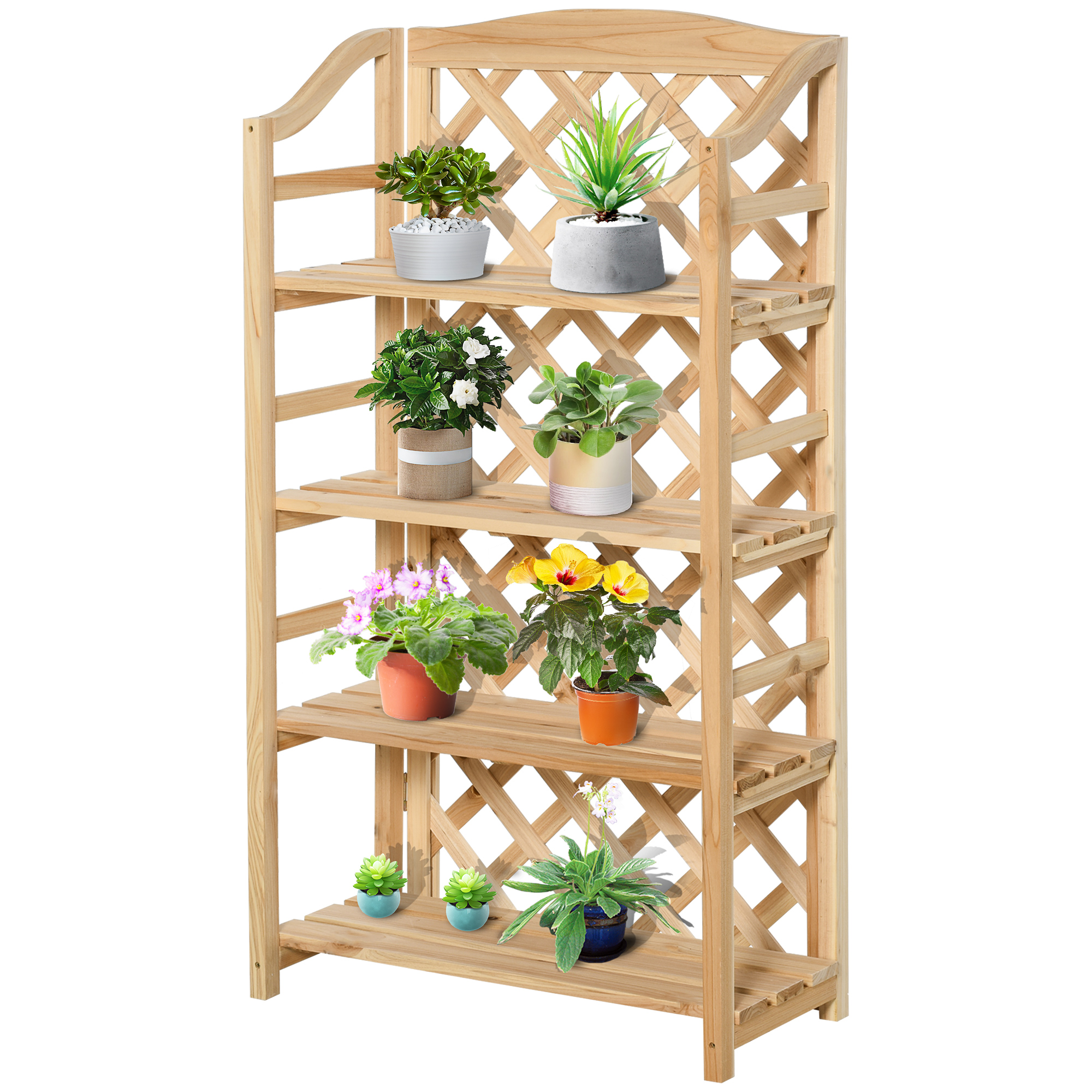 Outsunny Pflanzenregal für den Außenbereich, Klappbare Balkonblumenkiste mit 4 verstellbaren Regalen, Garten- und Wohnmöbel aus Holz, 67x33x123cm
