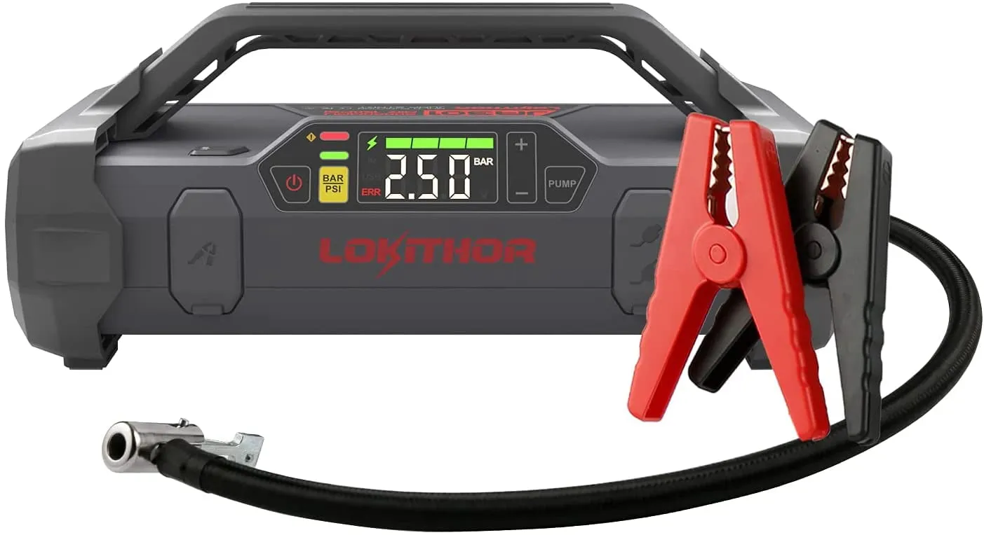 Jump Starter 2000Amp 20000mAh 12V Car Battery Booster Pack for Upto 8L Gas or 6L Diesel, 150 PSI Air Compressor with Damping Technology,Portable Power Bank with Handle Bar and Emergency Light