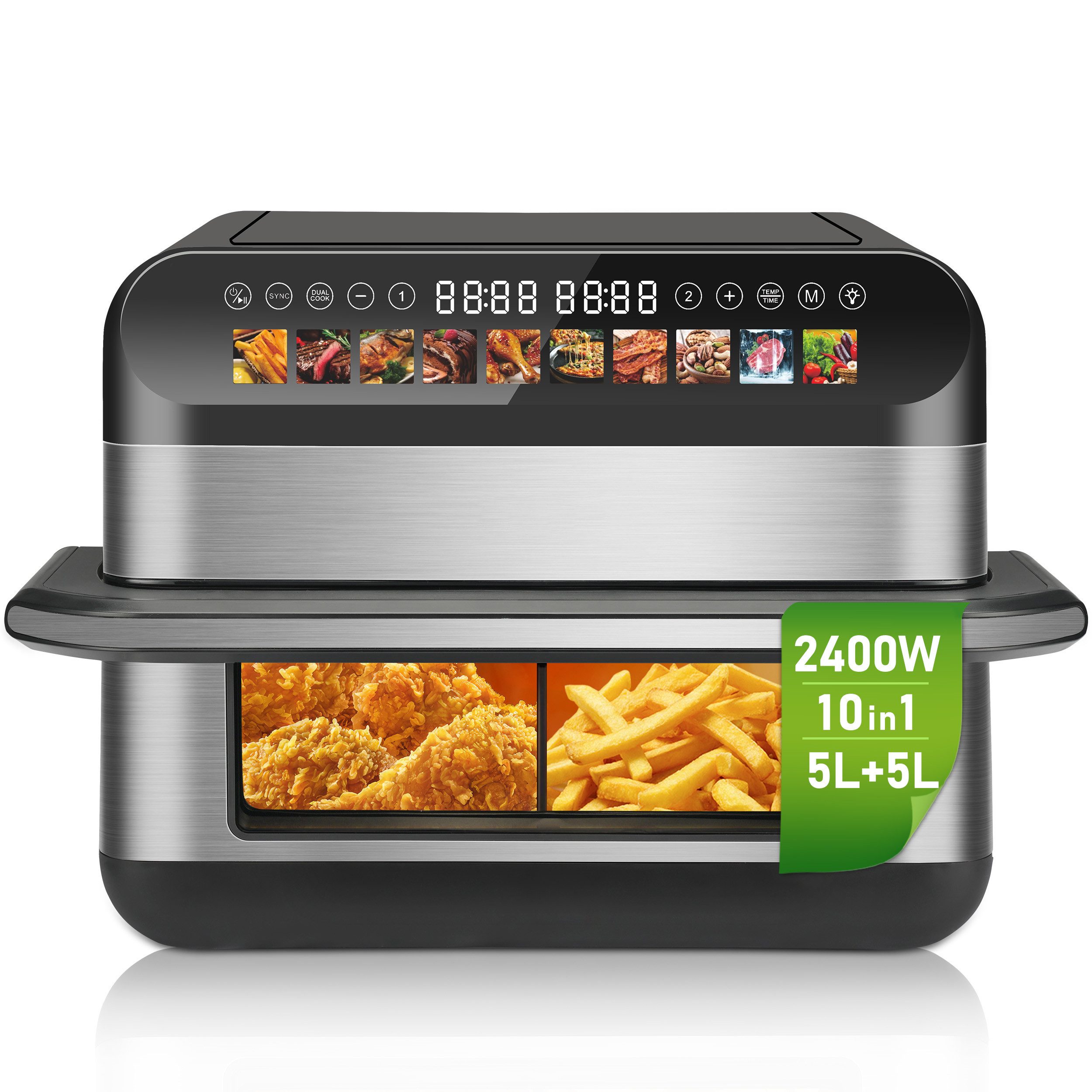 Heißluftfritteuse 10 L Doppelkammer Airfryer – Doppelbehälter-Modus mit unabhängiger Steuerung