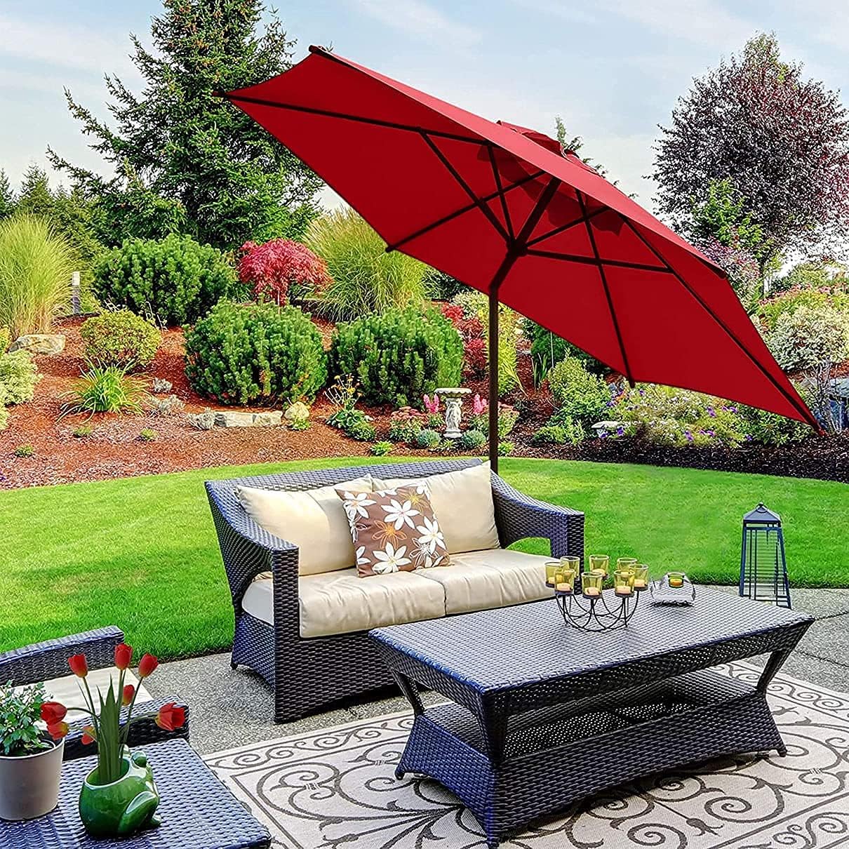 Automatisch neigbarer Patio-Gartentischschirme, Marktschirm mit Kurbeln 8,5 Fuß, höhenverstellbarer Gartenschirm mit acht Rippen, für Garten-Schwimmbad-Strand good