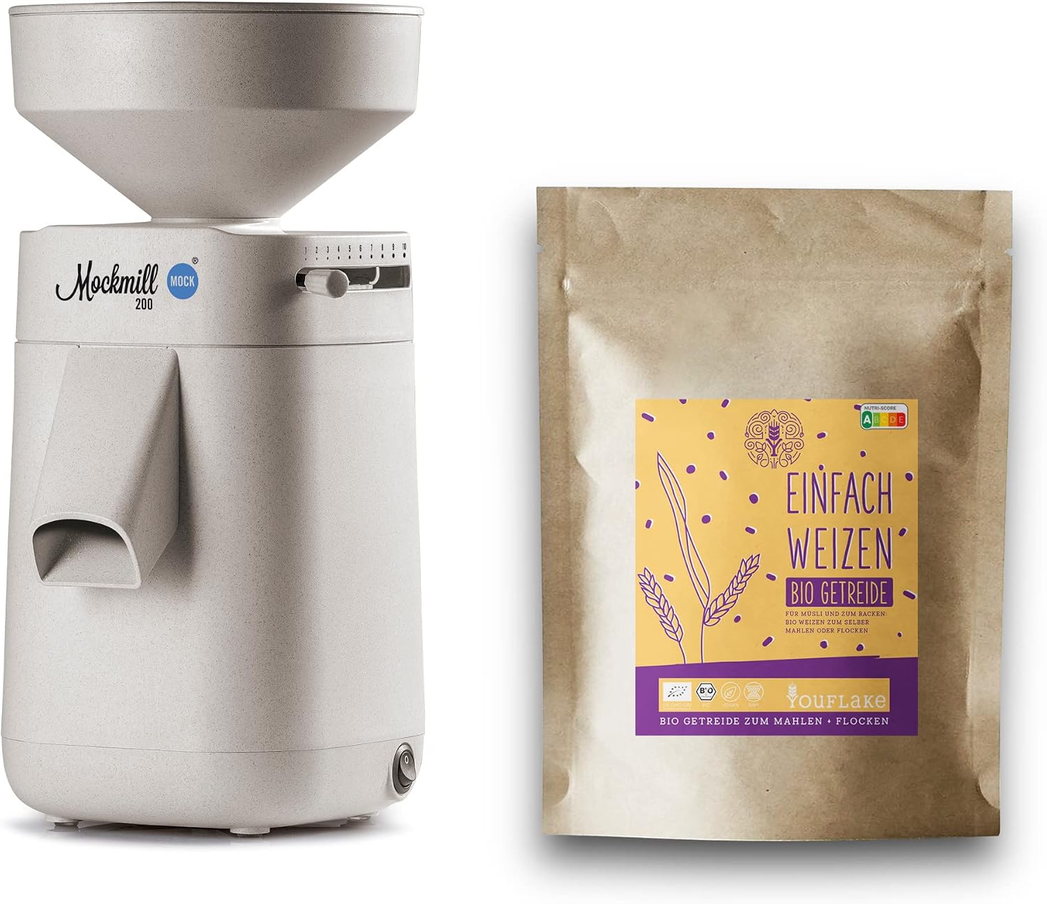 Mockmill Elektrische Getreidemühlen, 2,5 kg, Weiß, Getreidemühle 200, Made in Germany, Edelkorund und Keramik Mahlstein ( 200 + Bio Weizen)