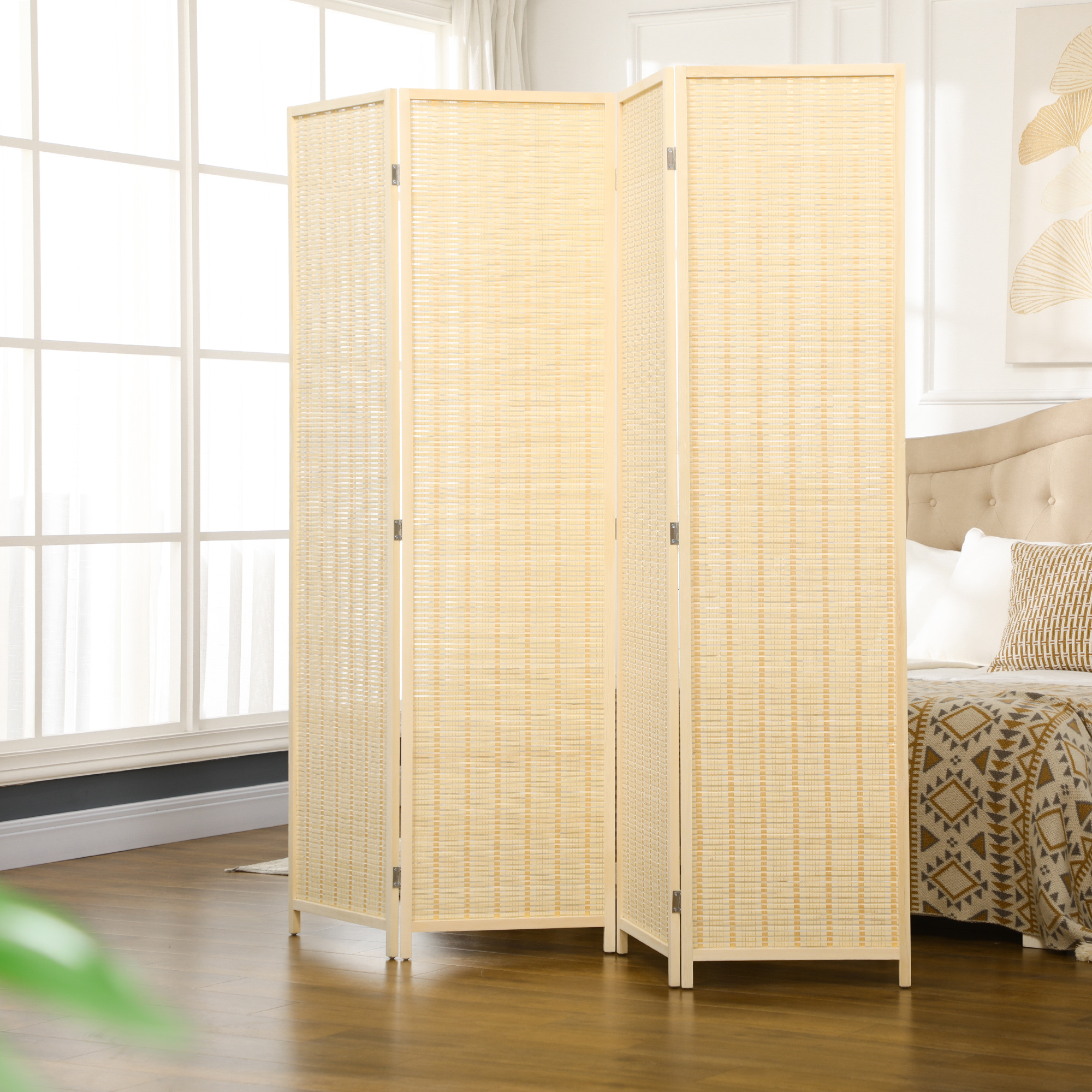 HOMCOM 4-teiliger Raumteiler, 180 x 180 cm, Faltbarer Sichtschutz aus Bambus und Baumwolle für Wohnzimmer, Schlafzimmer, Natur