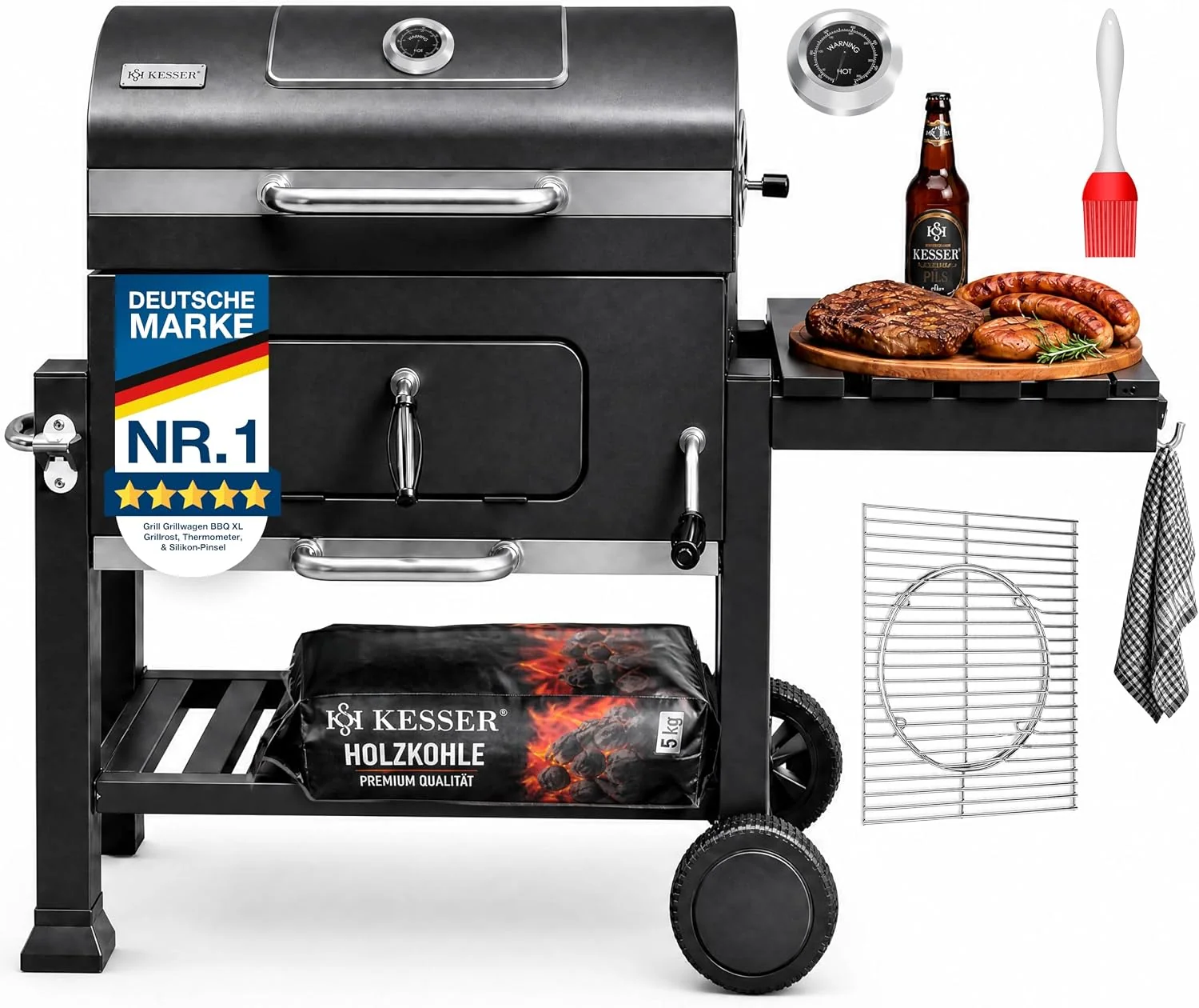 KESSER Grill Grillwagen BBQ Smoker XL Holzkohlegrill mit Deckel, Rädern, Edelstahl-Griff, Grillrost, Thermometer, & Silikon-Pinsel, Standgrill