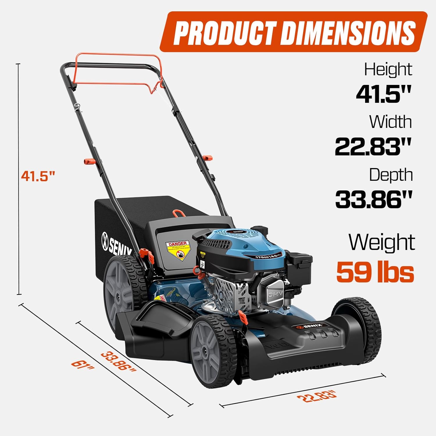 SENIX 21'' Self-Propelled Gas Lawn Mower (FWD)  170 cc 4-Cycle Engine 3.8 HP  3-in-1 (Bagging/Mulching/Side Discharge)  6-Position Cutting Height Adjustment  1.7 Bushels Grass Bag