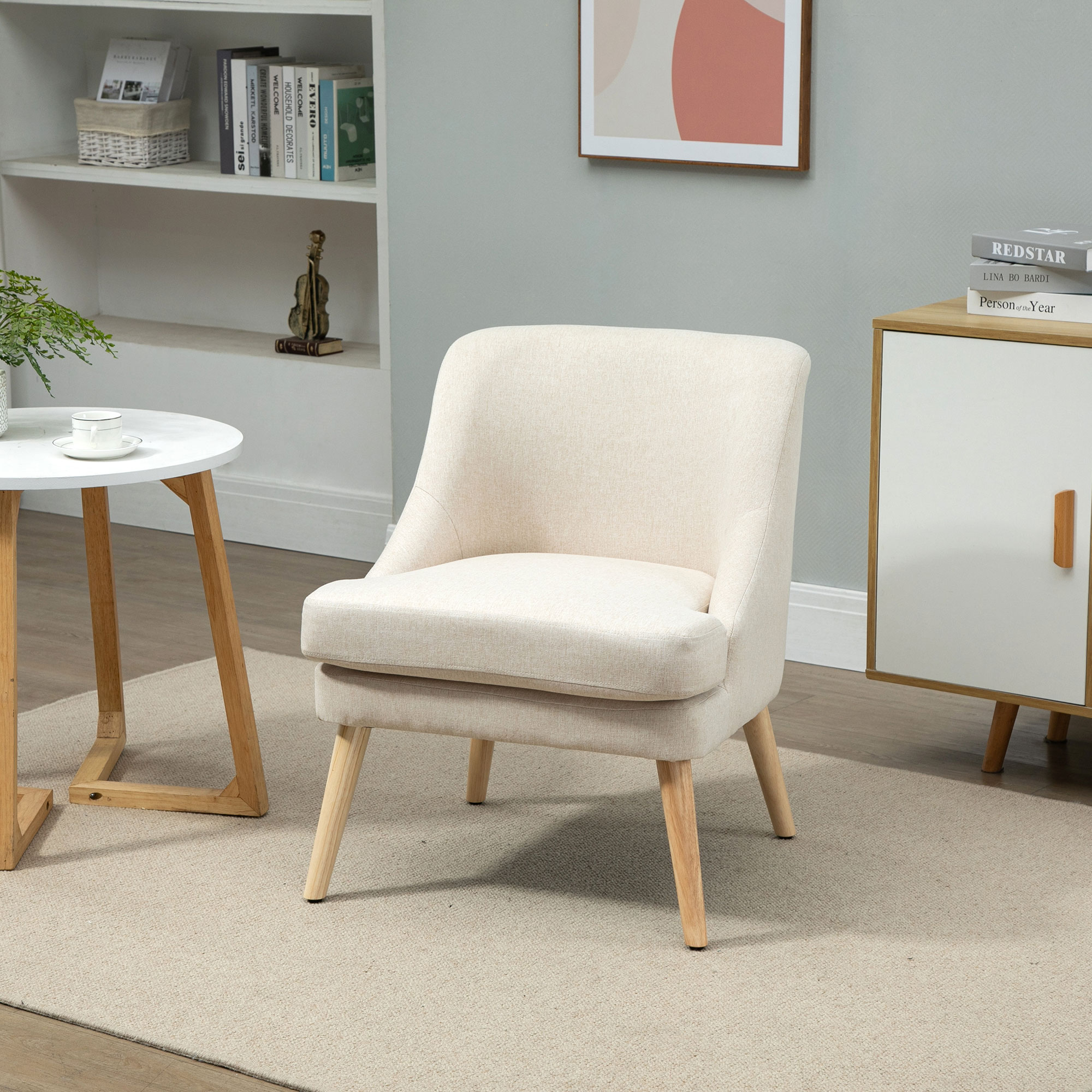 HOMCOM Sessel Loungesessel mit Leinenoptik, Armlehne, Gepolstert Relaxsessel mit Holzbeine, für Wohnzimmer, Schlafzimmer, Cremeweiß