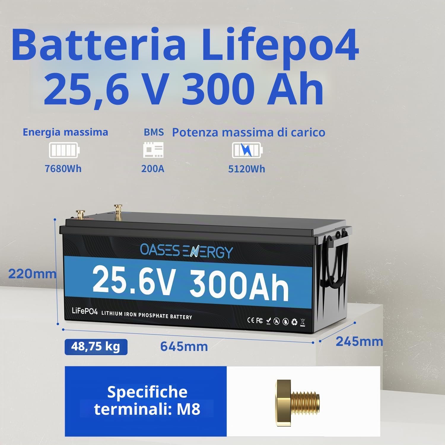 Batteria LiFePO4 24V 300Ah con Bluetooth 200A BMS, 7680Wh Batteria Litio 24V per Fotovoltaico Accumulo, Caravan, Barche, Trolling Motors, Solare, Nautica,Off-Grid