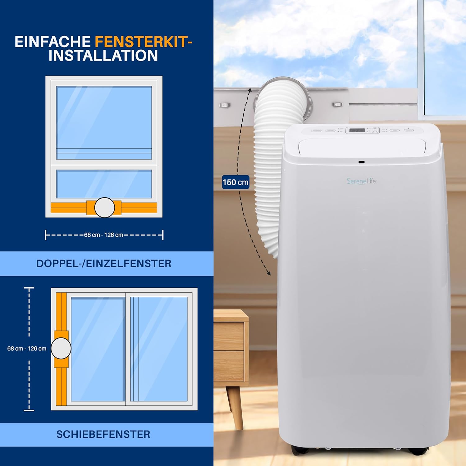 SereneLife Klimaanlage mobil, 3-in-1 mobiles Klimagert mit Abluftschlauch - Luftkühler, Luftentfeuchter & Ventilator, air conditioner 9.000 BTU, 1,5 L Feuchtigkeit/Stunde, kühlt Rume bis 42 m