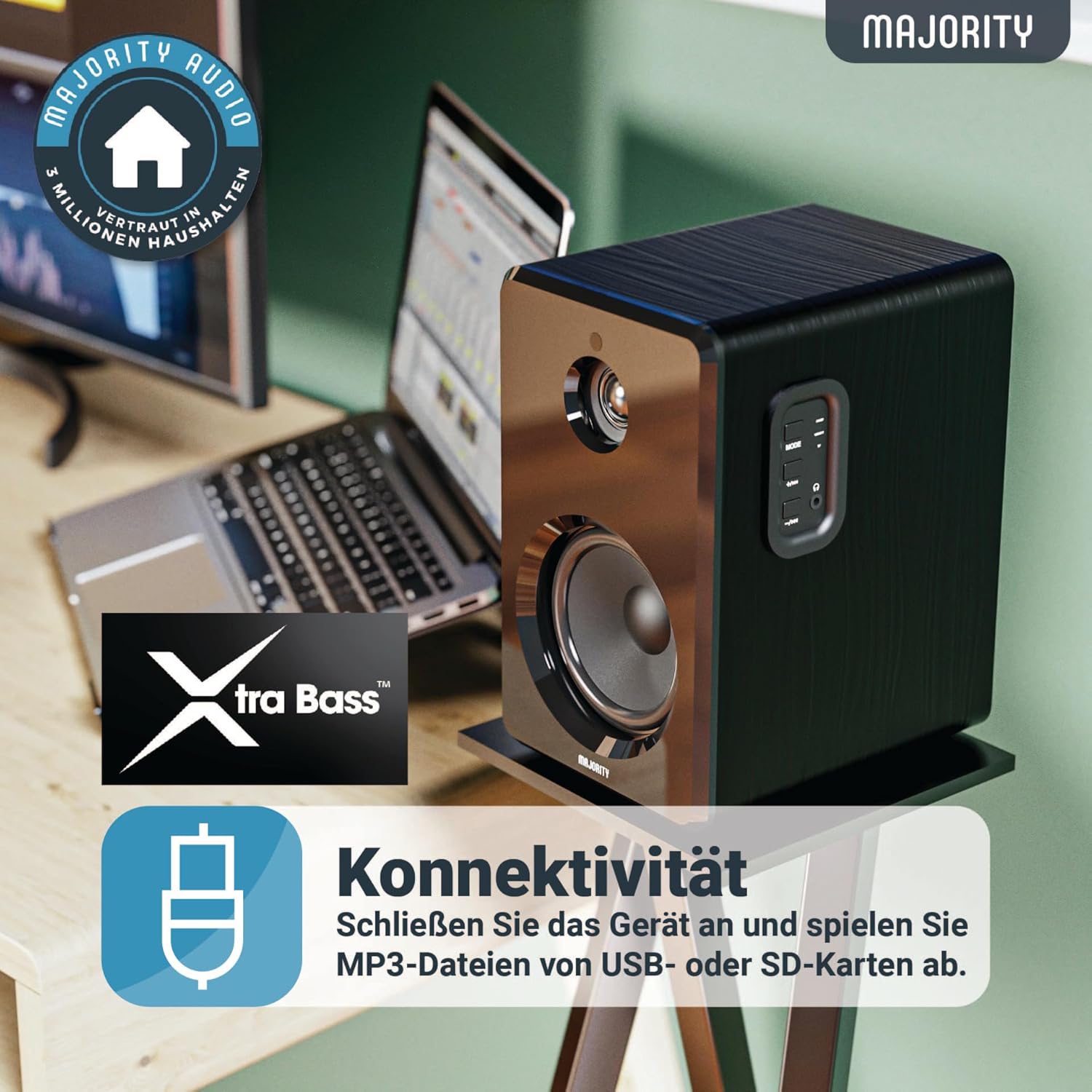 MAJORITY D40 Bluetooth Lautsprecher Boxen | 60W 2.0 Aktivlautsprecher | Studio Monitor mit 4-Treiber | Regallautsprecher für HiFi Stereo mit Optischer, RCA-, USB- und AUX-Eingang | Fernbedienung