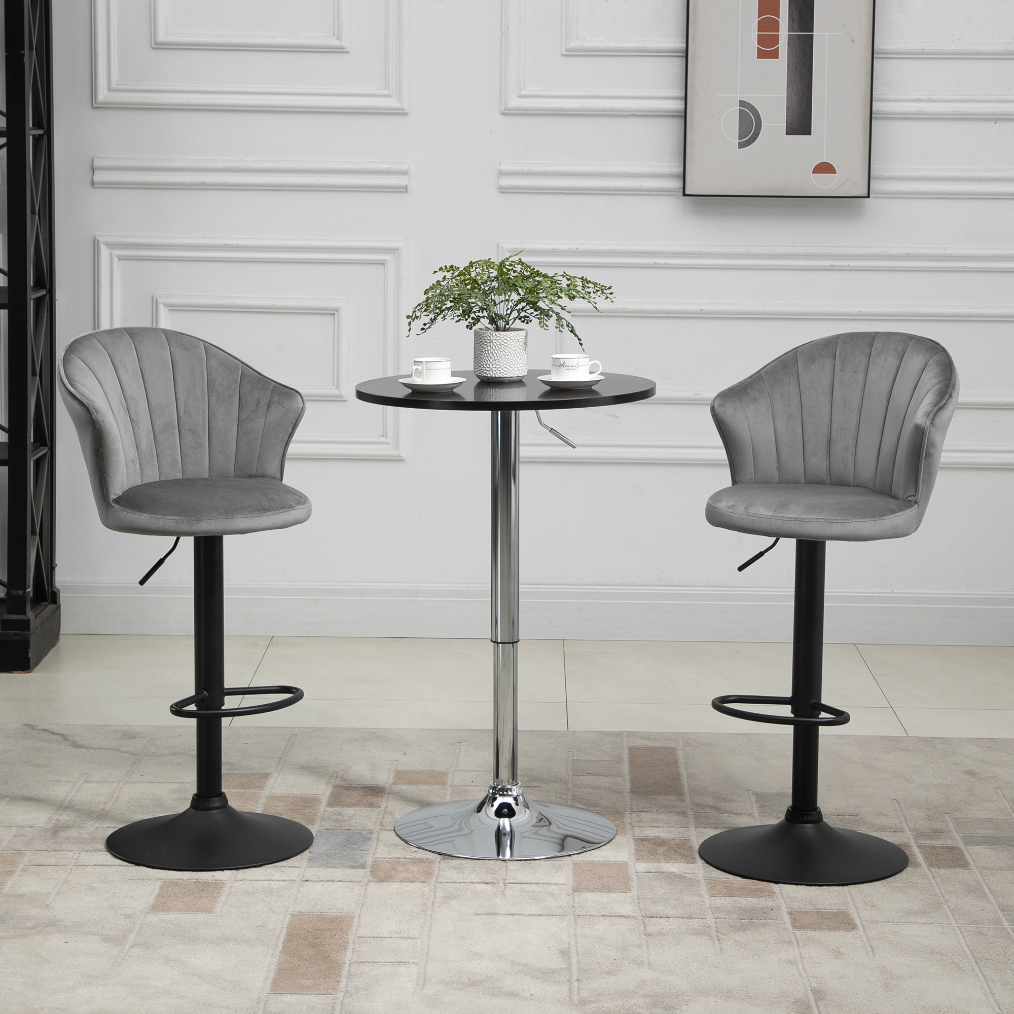 HOMCOM 2er-Set Barhocker drehbare Barstühle mit Lehne Samt Touch Bistrohocker höhenverstellbarer Tresenhocker armloser Schaumstoff Grau 54 x 56 x 91-111 cm