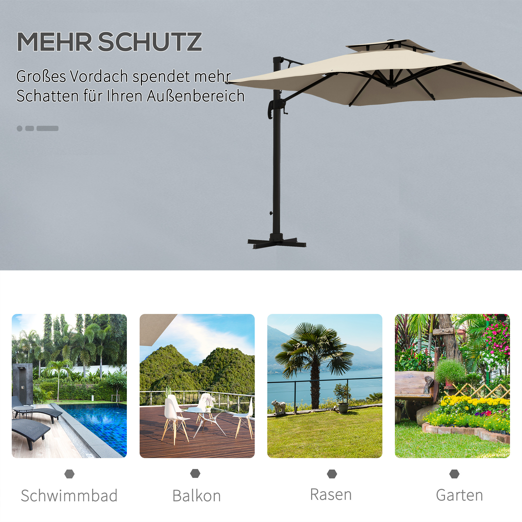 Outsunny Zweefparasol 2.94x2.94, Aluminium, Khaki