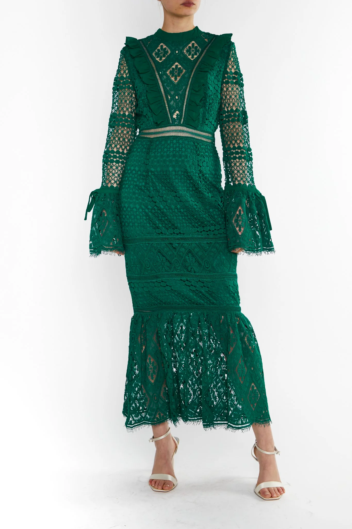 Jenna Emerald-Green Peplum-Sleeve Lace Midi Dress