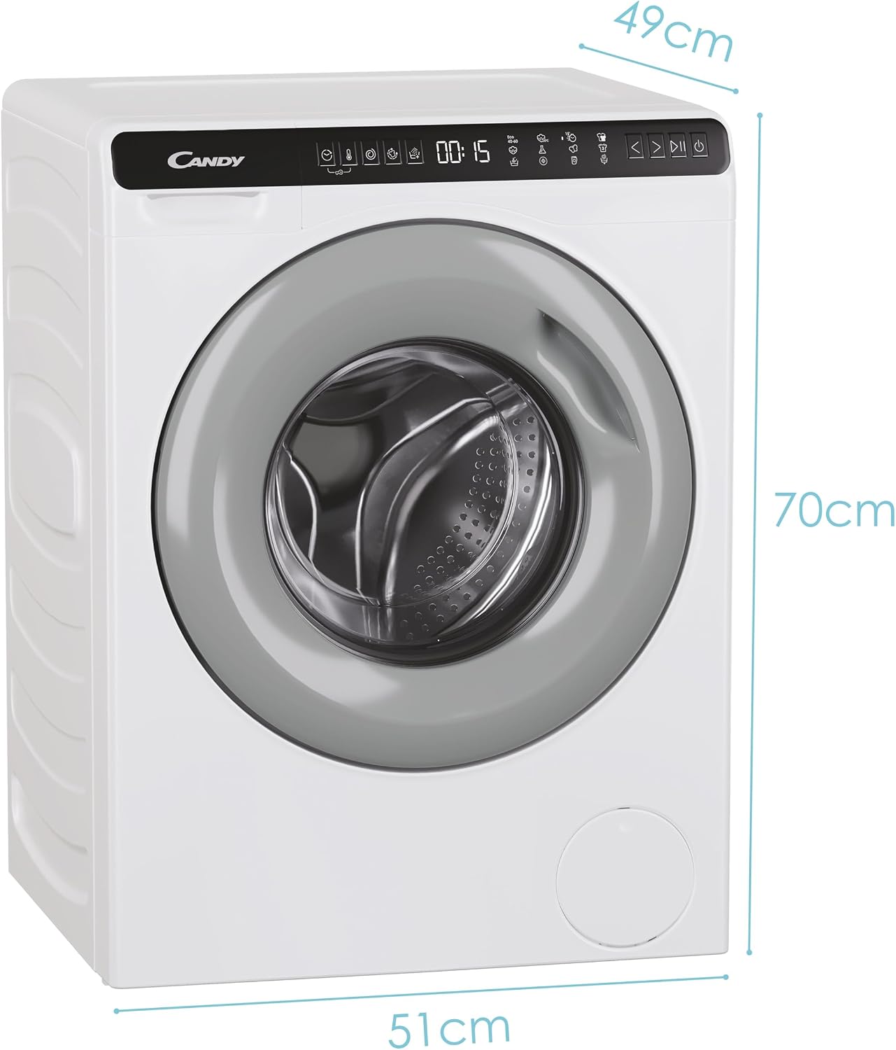 CANDY MINIAQUA CW50-BP12307G-S, LAVATRICE A CARICA FRONTALE, 5 KG, 1200 GIRI, Programmi rapidi, Antipiega, Partenza ritardata, Grigio/Bianco, 70x51x45 [Classe di efficienza energetica A]