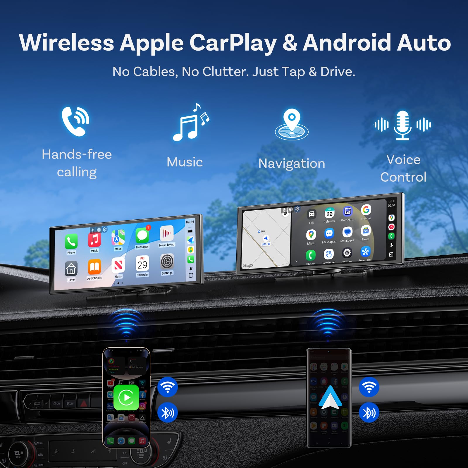 11,4 Zoll CarPlay Display für kabelloses Apple CarPlay und Android Auto mit Android 15, Google Play, Gemini AI Sprachassistent, GPS-Navigation