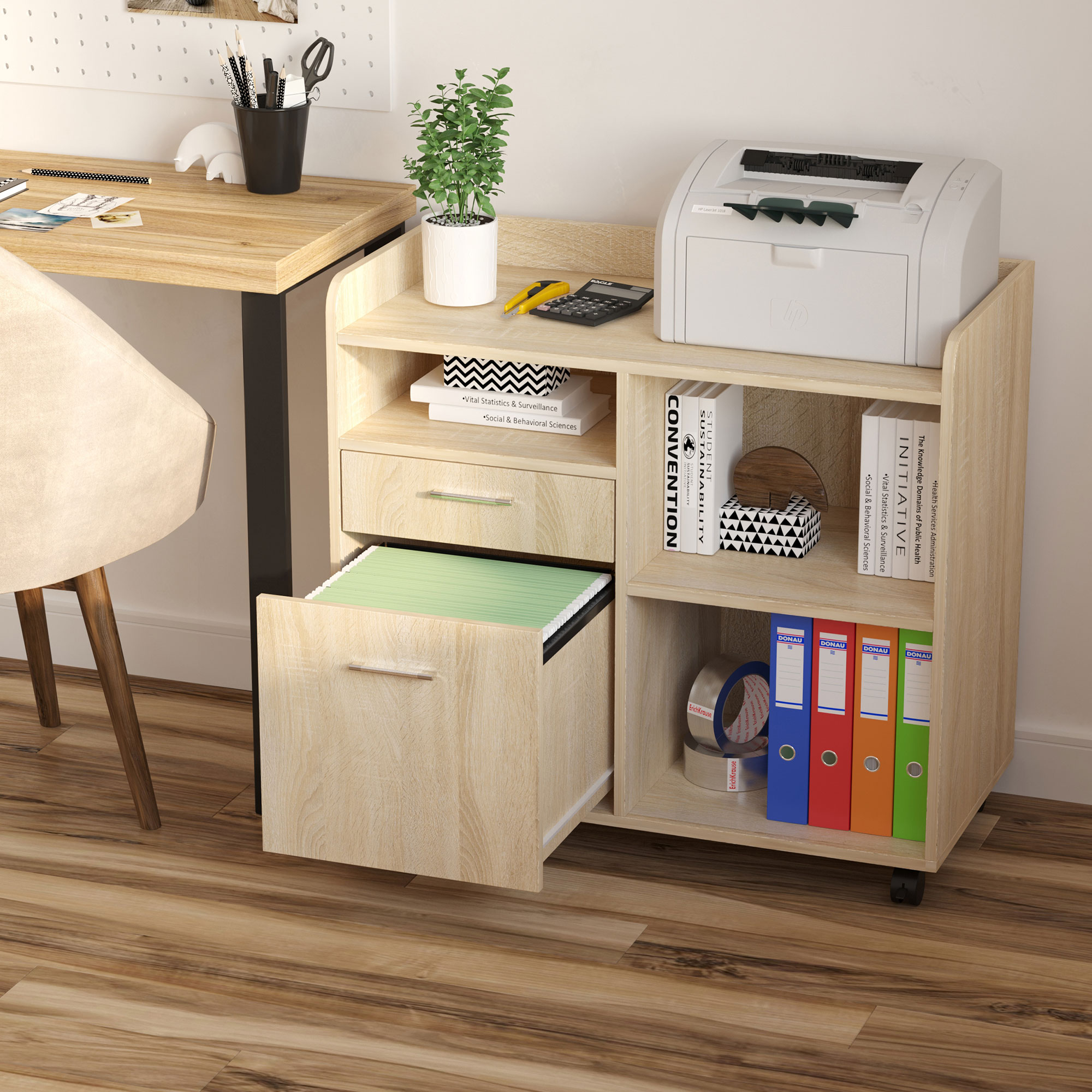 Vinsetto Druckerständer - Rollender Büroorganisator - Maße 80l x 40B x 72H cm aus hellem Eichenholz
