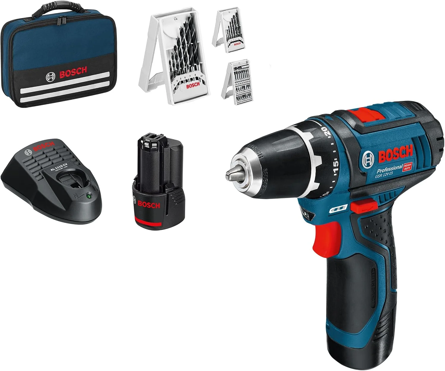 Bosch Professional 12V System Akku Bohrschrauber GSR 12V-15 (inkl. 2x2.0 Akku, 39tlg.-Zubehör-Set, Ladegerät, Werkzeugtasche)