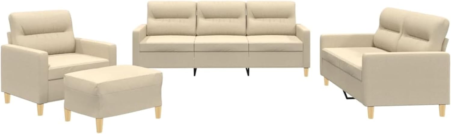 Set Divano 3/2 Posti con Poggiapiedi, Tessuto Crema Resistente, Imbottitura in Gommapiuma, Design Moderno per Salotto, 6 Cuscini Inclusi, Assemblaggio Richiesto