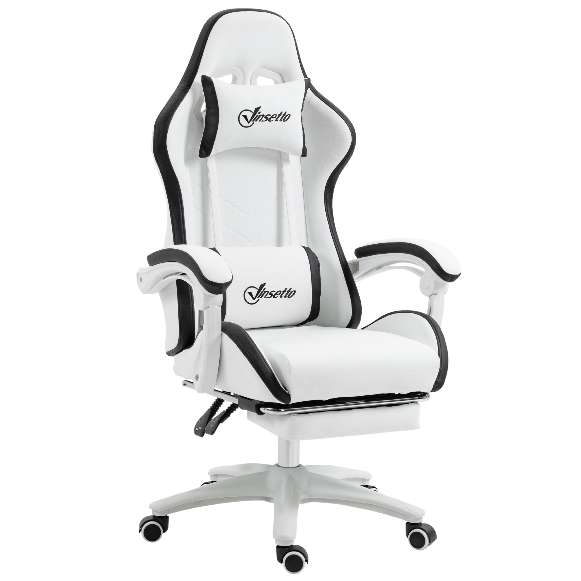 Vinsetto Gaming-Stuhl Gaming-Stuhl Neigungswinkel 135° mit Kopfstütze Fußstütze 65l x 65B x 121-129H cm weiß und schwarz