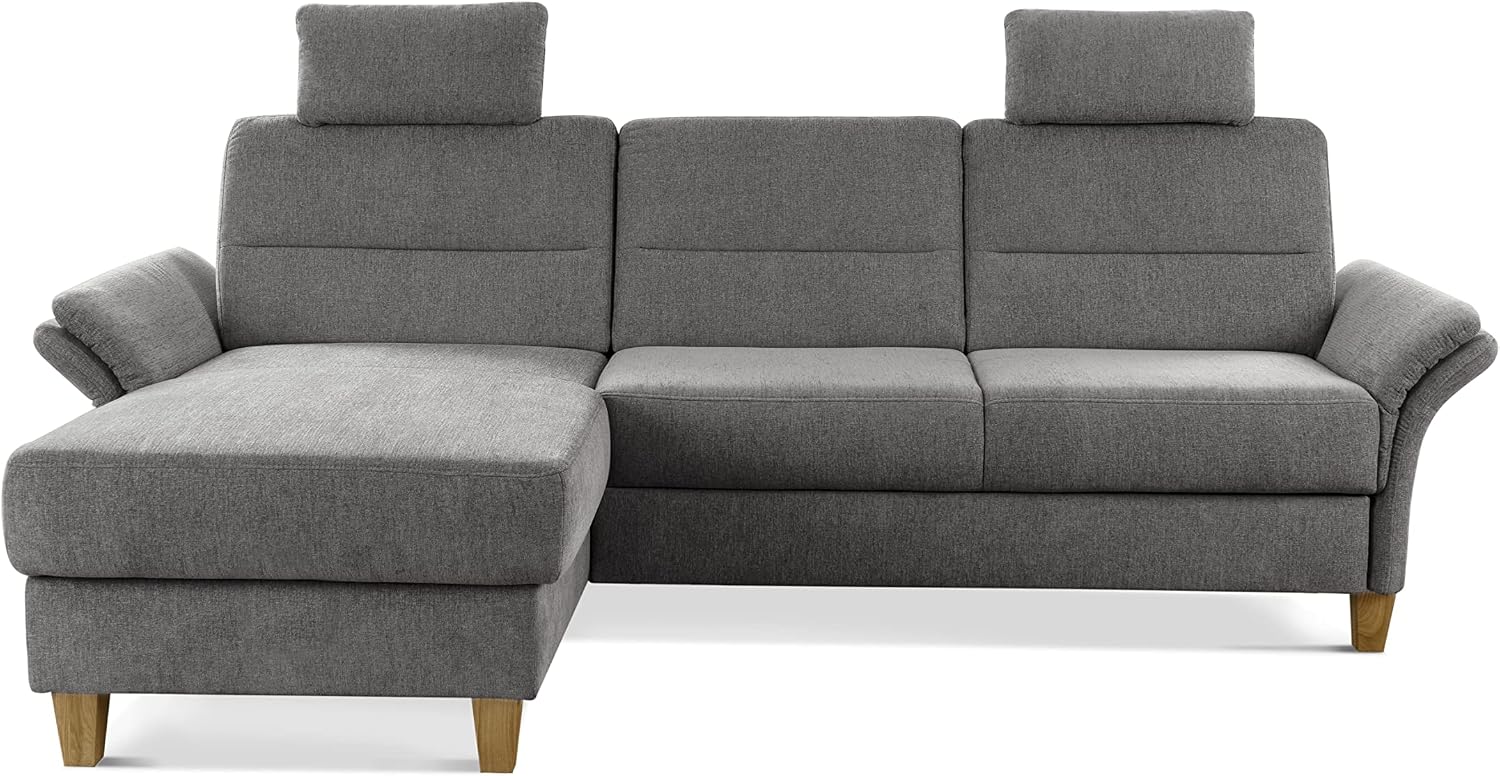CAVADORE Eckcouch Wyk mit Federkern/Ecksofa im Landhaus-Stil mit Longchair, 2 Kopfstützen + Holzfüßen/252 x 90 x 162/Chenille, Grau