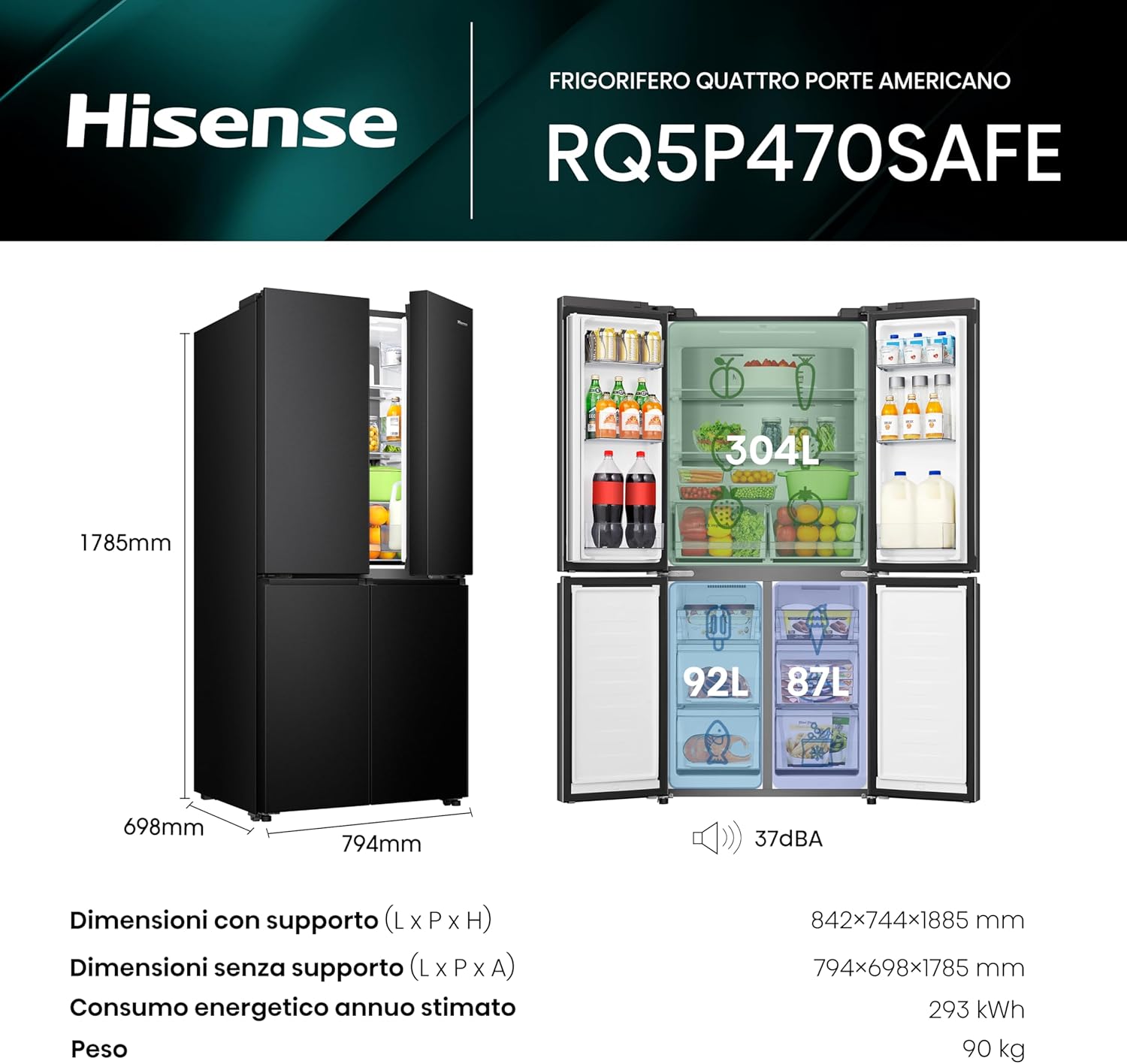 Hisense RQ5P470SAFE, Frigorifero Americano Quattro Porte, Classe E, Black Inox, Total No Frost, WiFi, Metal cooling, Zona convertibile, 483 litri, Controllo elettronico touch