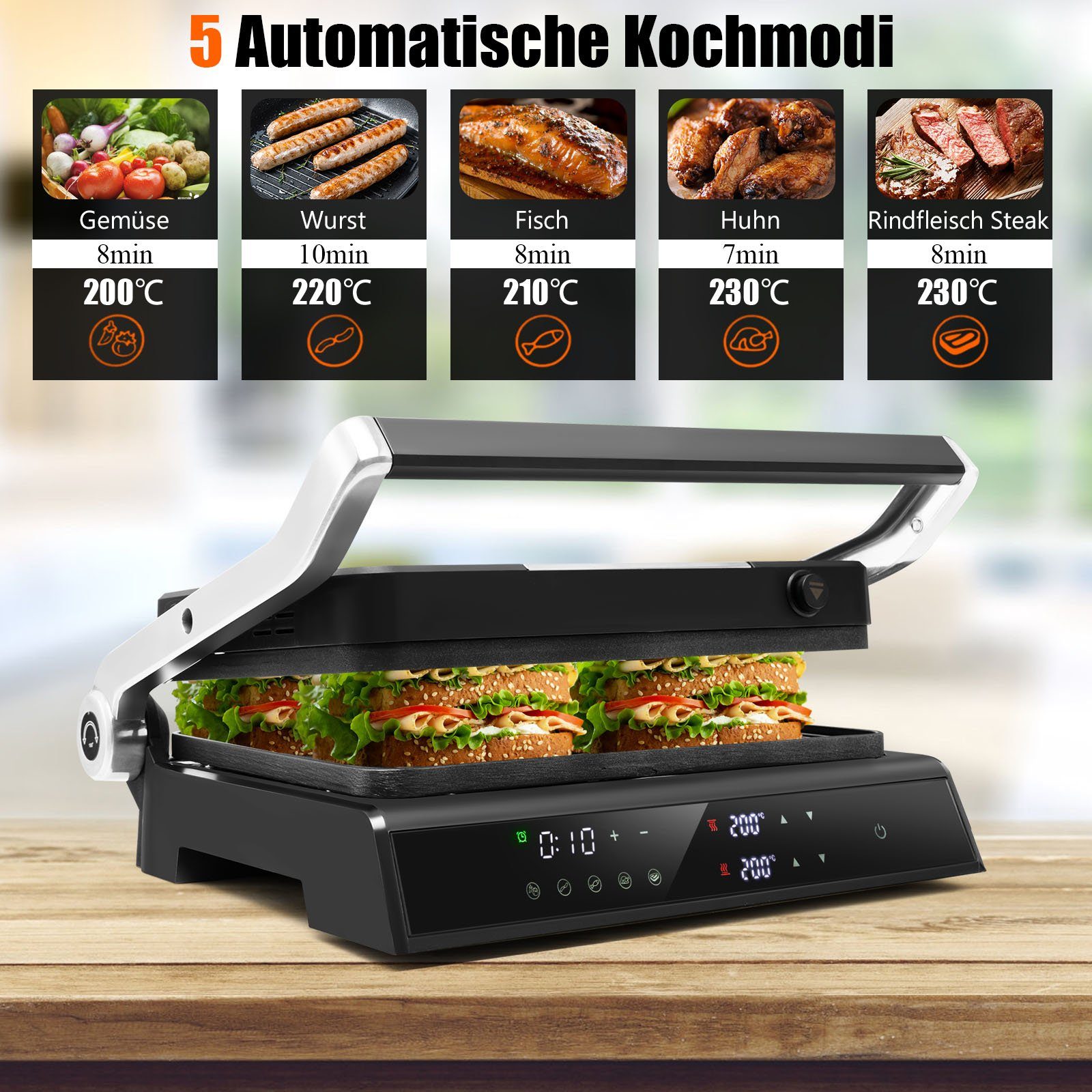 Elektrogrill 1200 W, bis 230℃, 5 Modi, LED Anzeige, 4H Timer