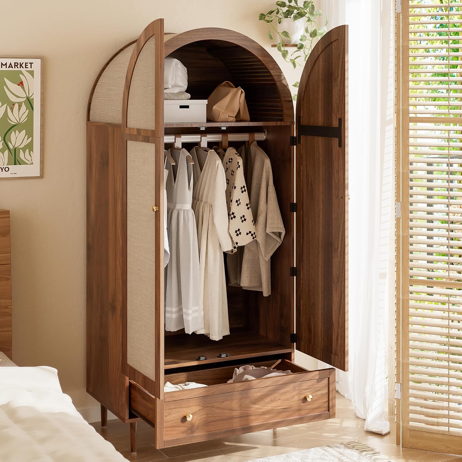 Children's Bedroom Wardrobe with Fabric Doors and Drawer, Walnut Effect, Wooden Feet, Practical Storage for Clothes and Accessories, Bedroom Compartments