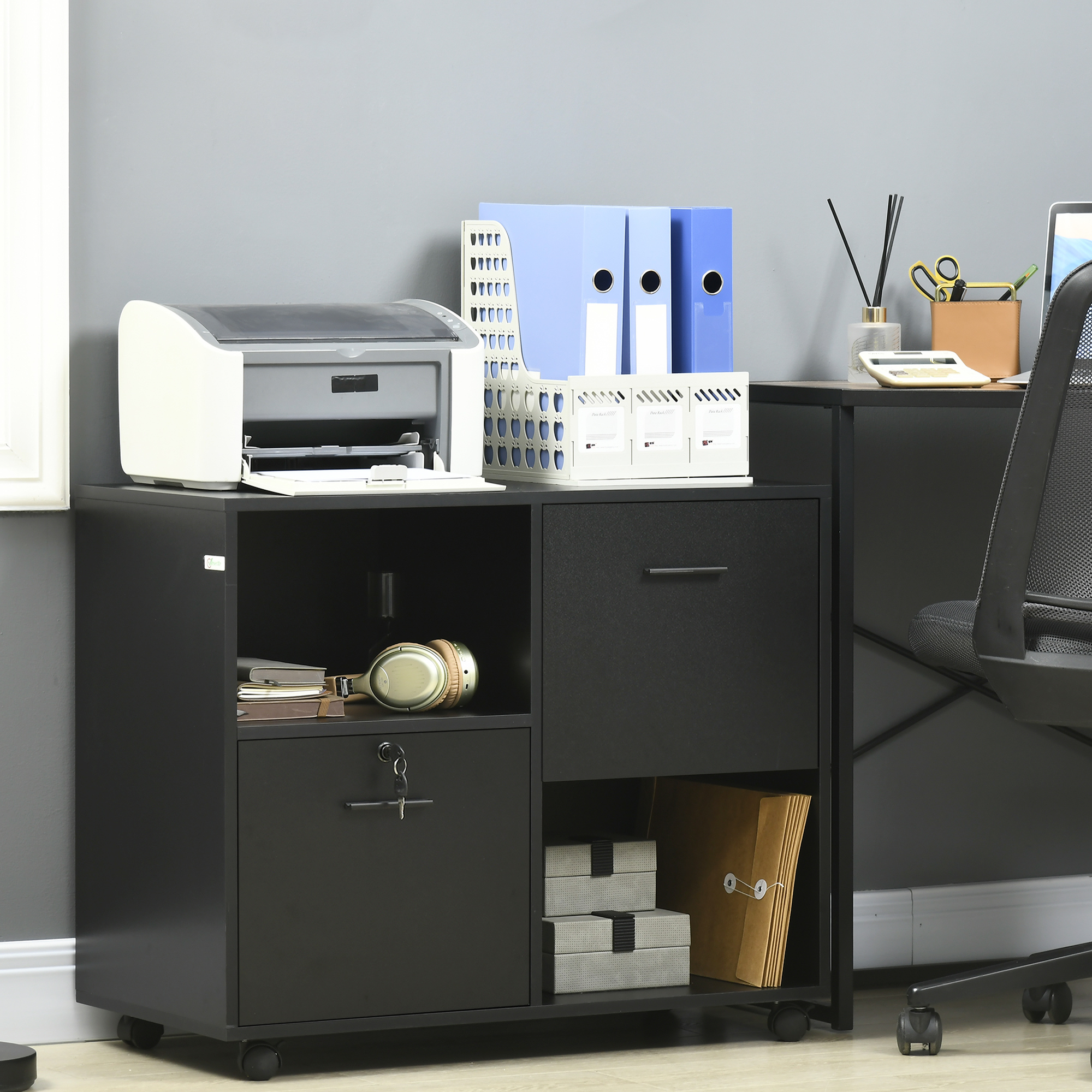Vinsetto Büromobilschrank mit 2 Dokumentschubladen und Regalen, Räder mit Blockierung, 80x40x66cm, Schwarz