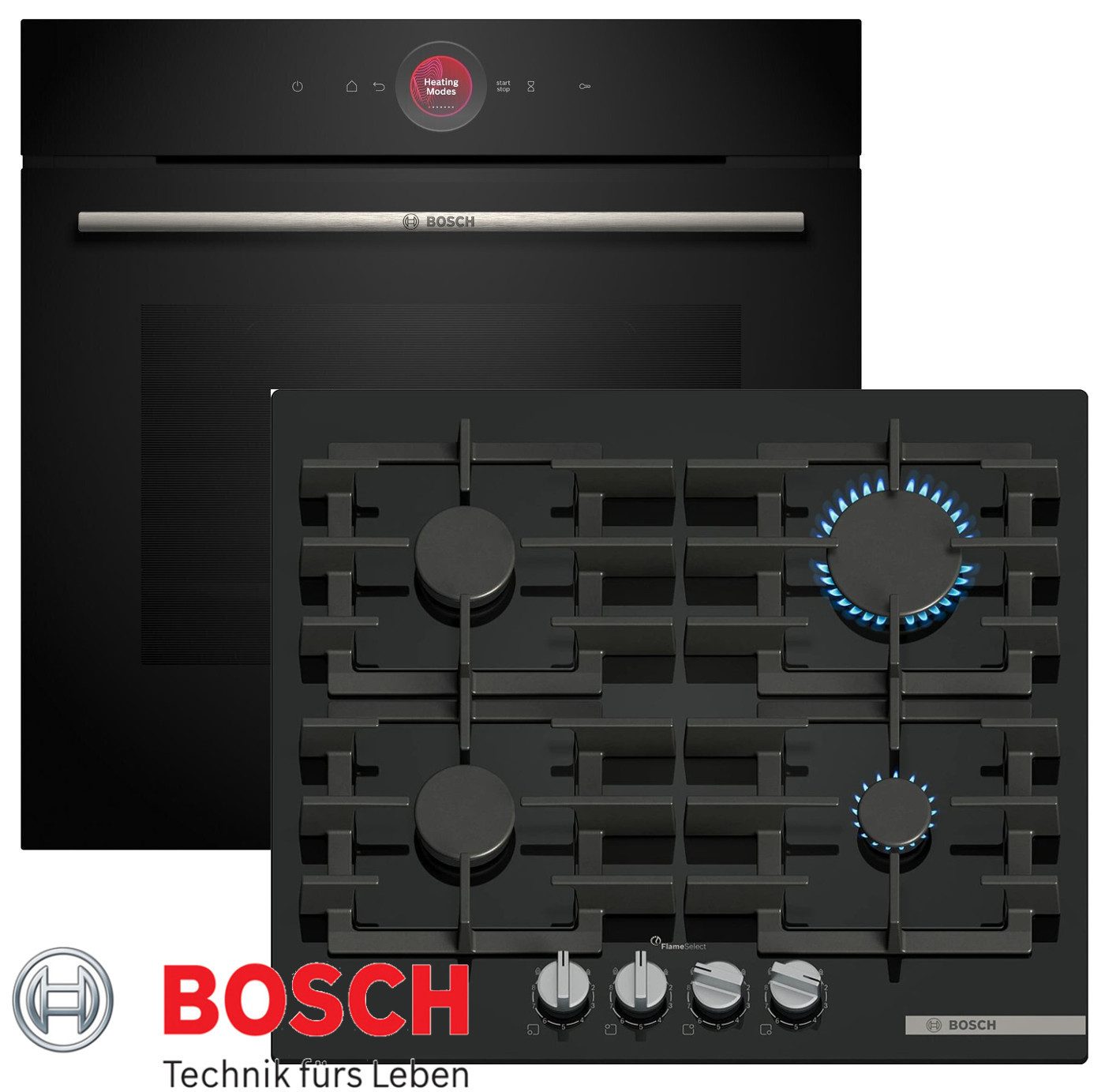 Gasherd-Set Bosch Gas-Herdset Autark Backofen Serie8 Schwarz + Gas-Kochfeld Glas