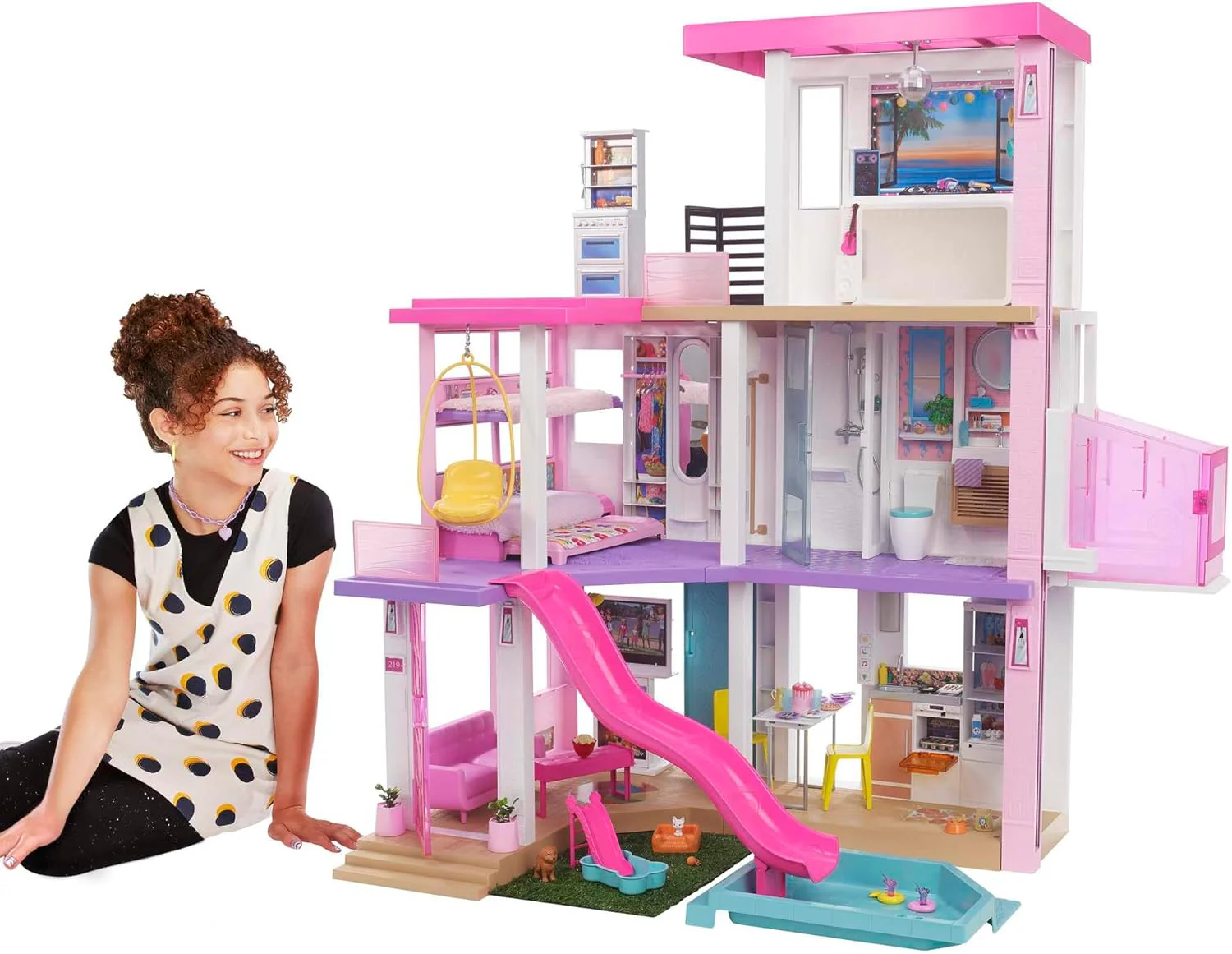 Barbie Casa de Muñecas Dreamhouse - con Piscina, Tobogán y Ascensor - Luces y Sonido - 75+ Piezas - 104 x 109 cm - Regalo para Niños de 3-7 Años, GRG93