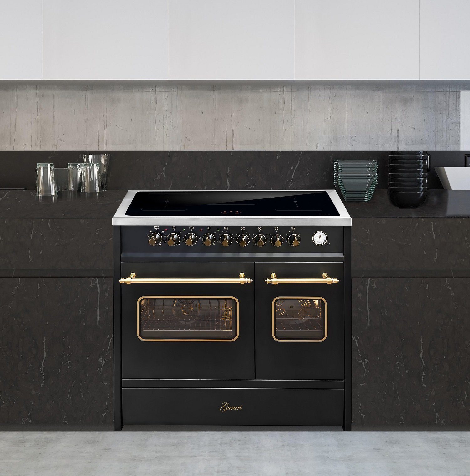 Induktions-Standherd Retro Elektro Standherd 90 cm, Range Coocker mit FLEX Induktion+Dunstabzugshaube 90 cm, 1000 m³/h E 913 DF RU BL+VIKTORIA 90 BL