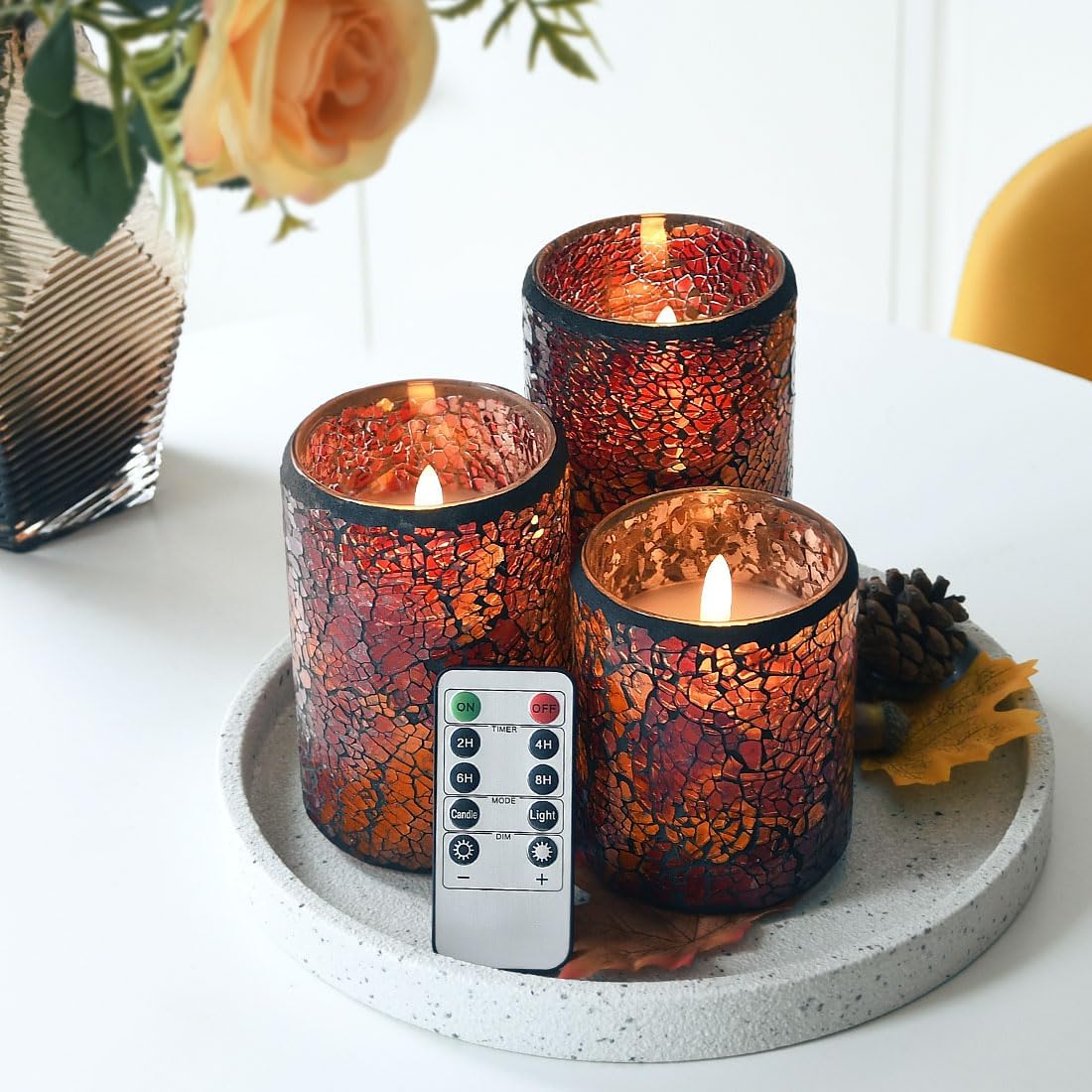 TELOSMA LED Mosaik flammenlose Kerze, rot gelb rissiges Glas Muster beweglicher Docht Stumpenkerze – Tafelaufsätze Kegelbett Kamin Herbst Dekor – Set von 3
