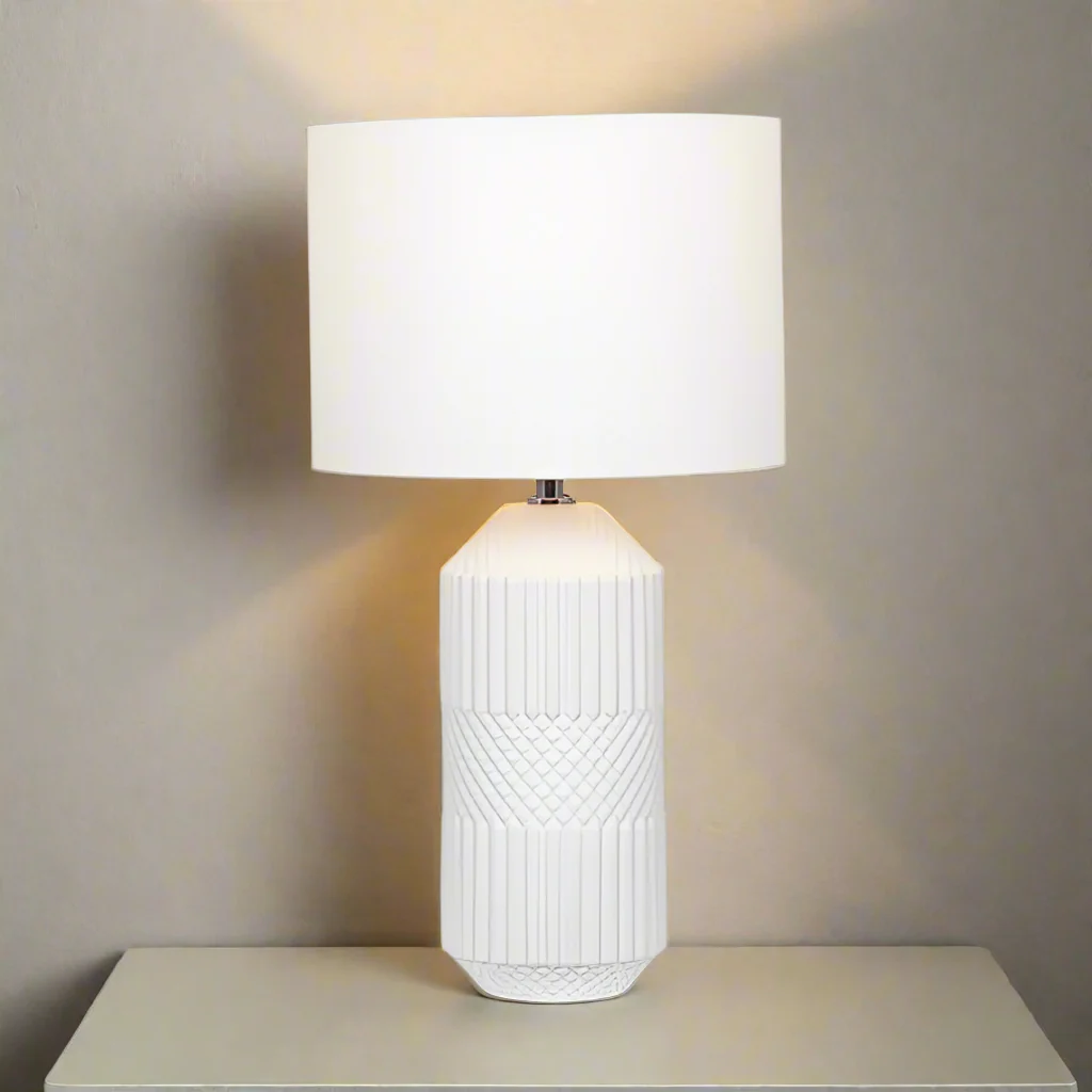 Tall White Ceramic Table Lamp �C Textured Tactile Design