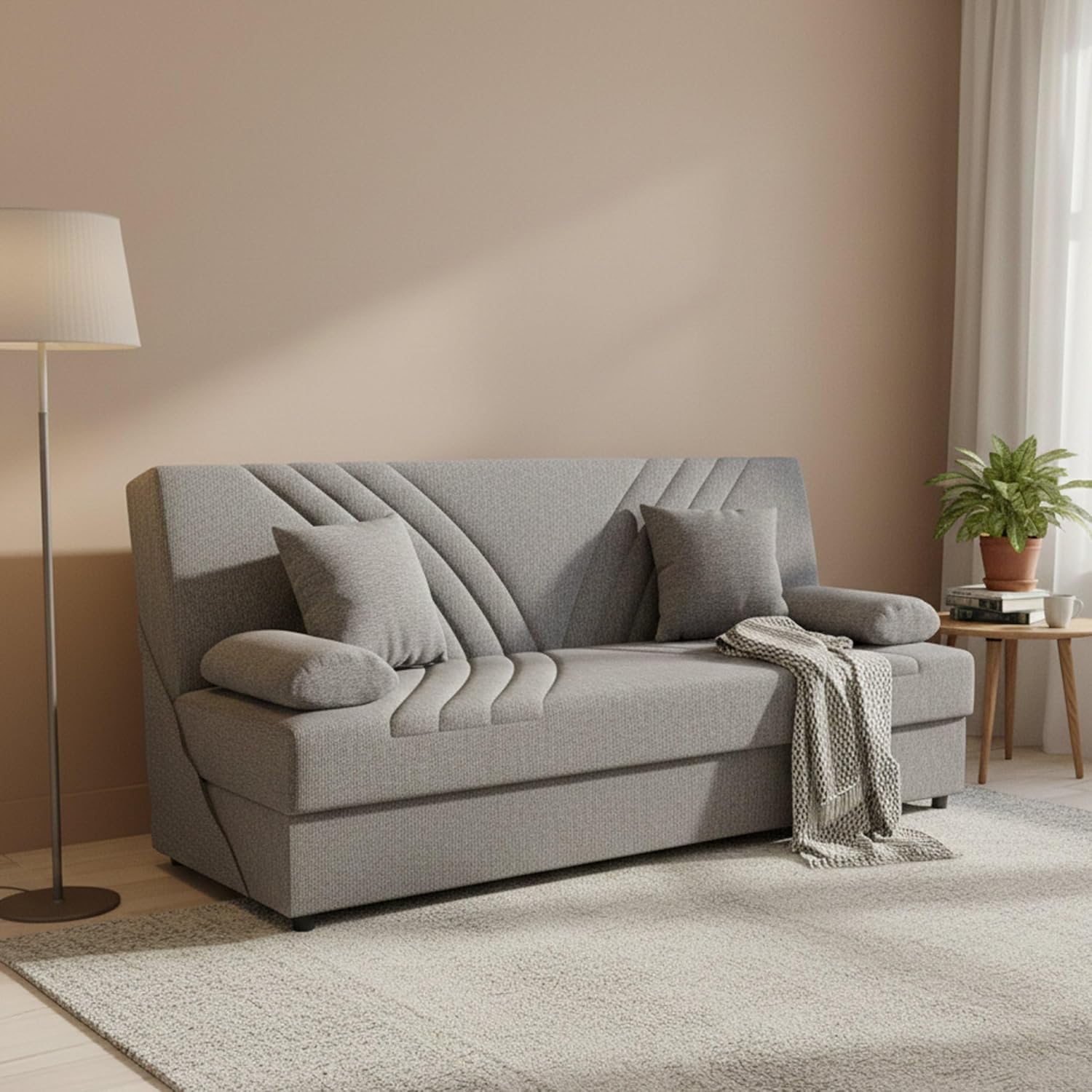 Dmora - Divano letto 3 posti Ramon, Divano contenitore 2 cuscini inclusi, Sofà da soggiorno in tessuto con apertura click-clack, 181x81h88 cm, Grigio