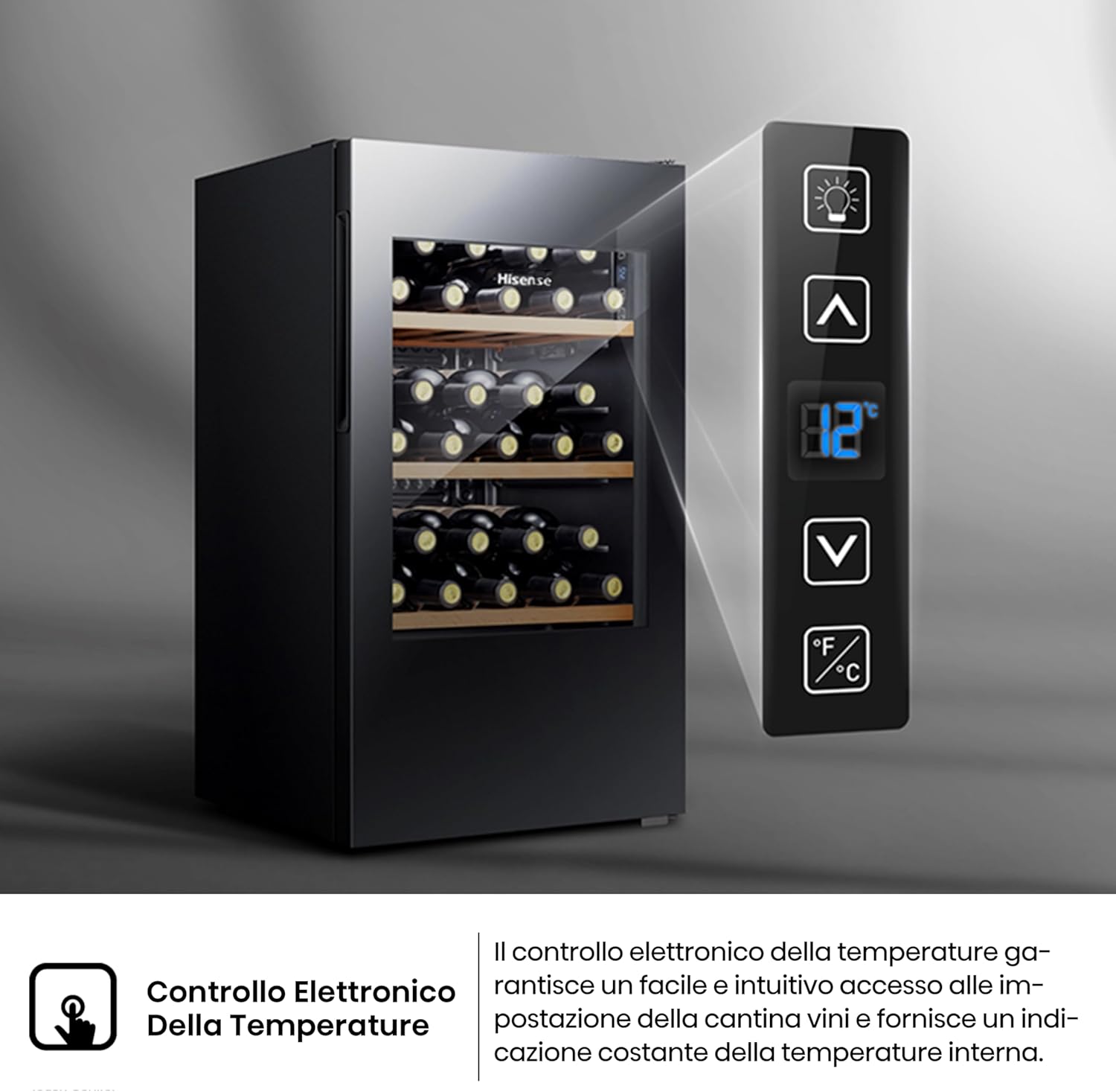 Hisense MWC4894GF Wine Cellar 30 Bottles, Monotemperature, Anti-UV Glasses, Wooden Shelves, Touch Display, LED Lighting, Year 2023