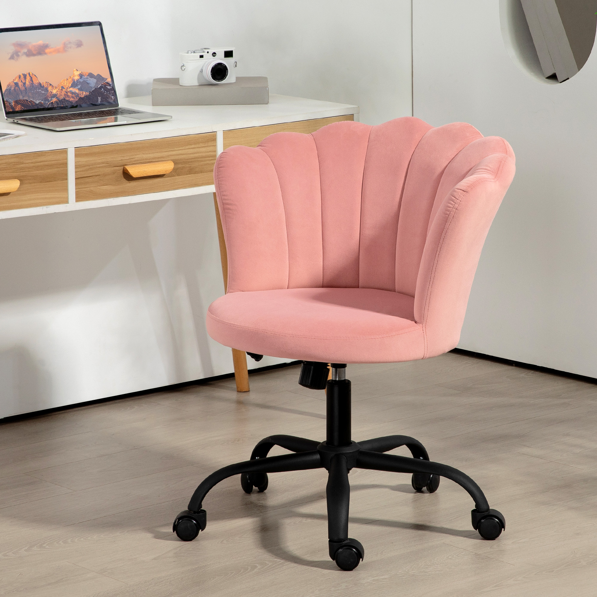 HOMCOM Bürostuhl mit schalenförmigem Rückenlehne ohne Armlehnen und höhenverstellbar, Samtbezug in Rosa