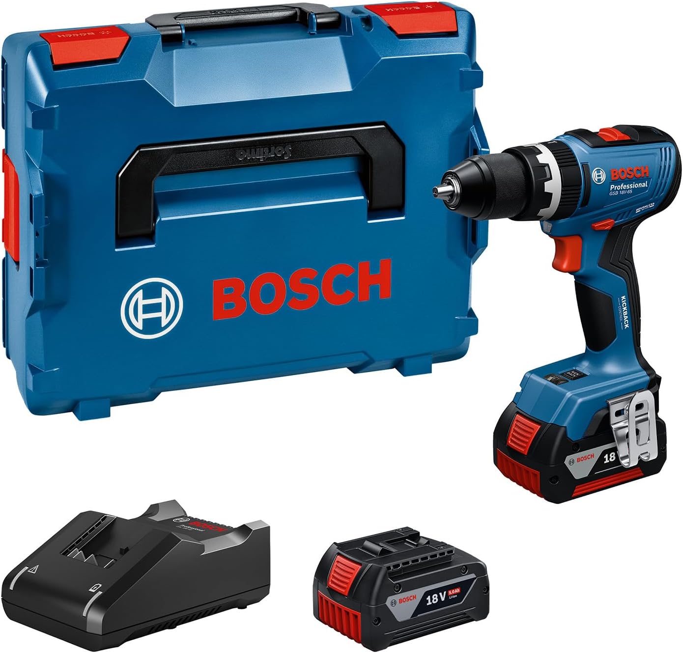 Bosch Professional 18V System Akku-Bohrschrauber GSB 18V-65 (bürstenloser Motor, Kopflänge 175, inkl 2x Akku GBA 18V 5.0Ah, Ladegerät GAL 18V-40, L-BOXX)
