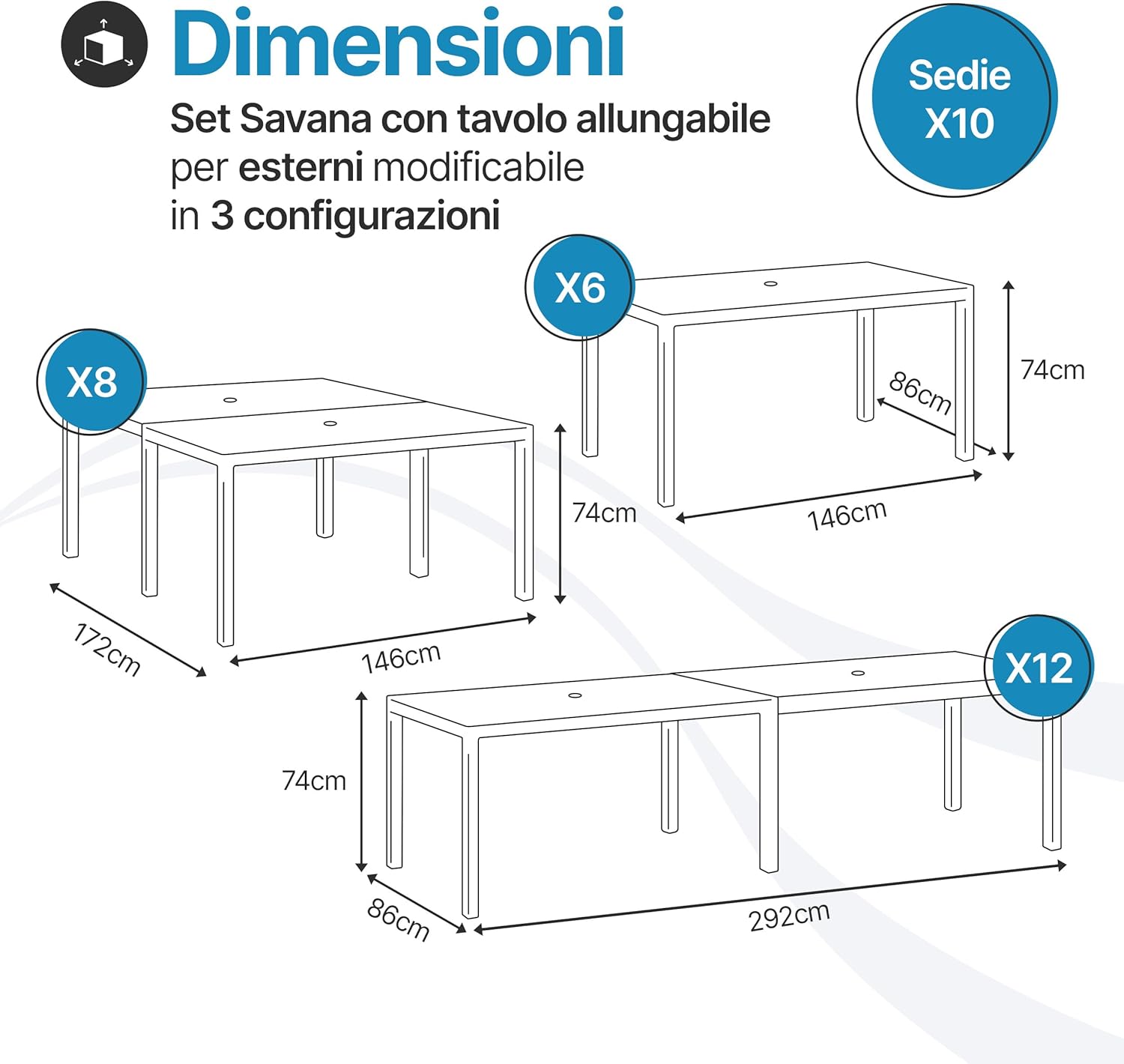 Tomaino - Garden Table with Chairs, Savana Set in Plastic, Outdoor Furniture in Polypropylene for Balcony Terrace (Black, Extendable Table and 10 Chairs)