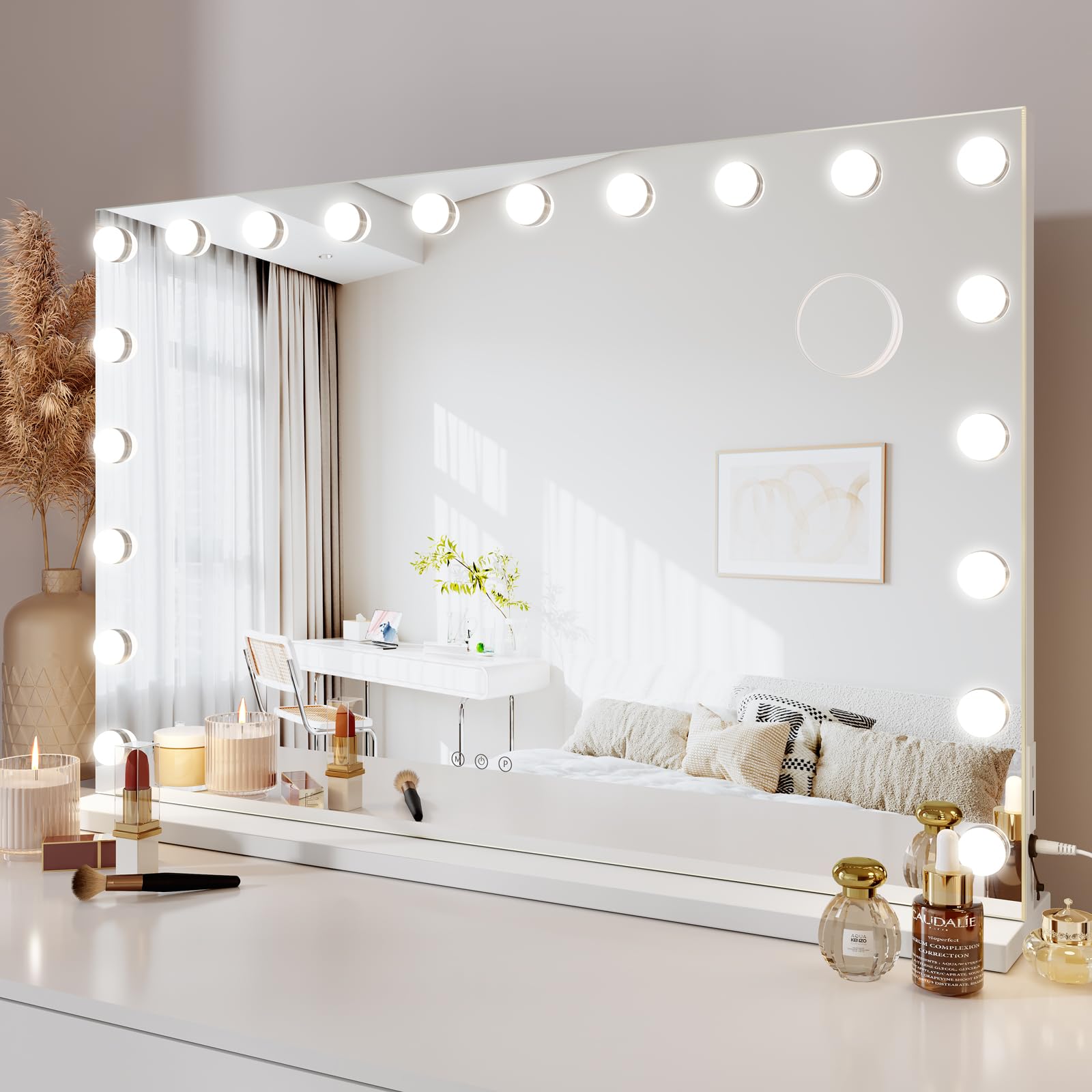 Dripex Hollywood Schminkspiegel 20 Lampen 3 Farbtemperaturen Touch 90x60 cm Weiß Aufstellung Wandmontage