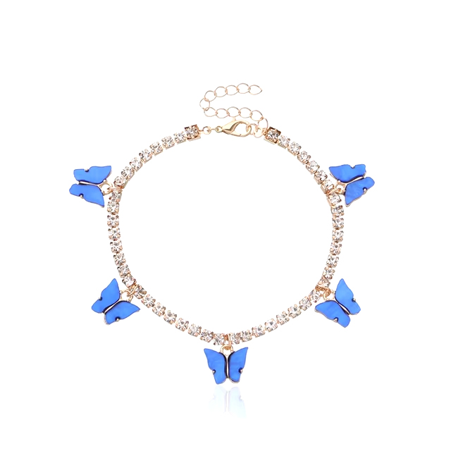 Blue Butterfly Anklet Sterling Silver Shiny Rhinestone Crytal Foot Chain