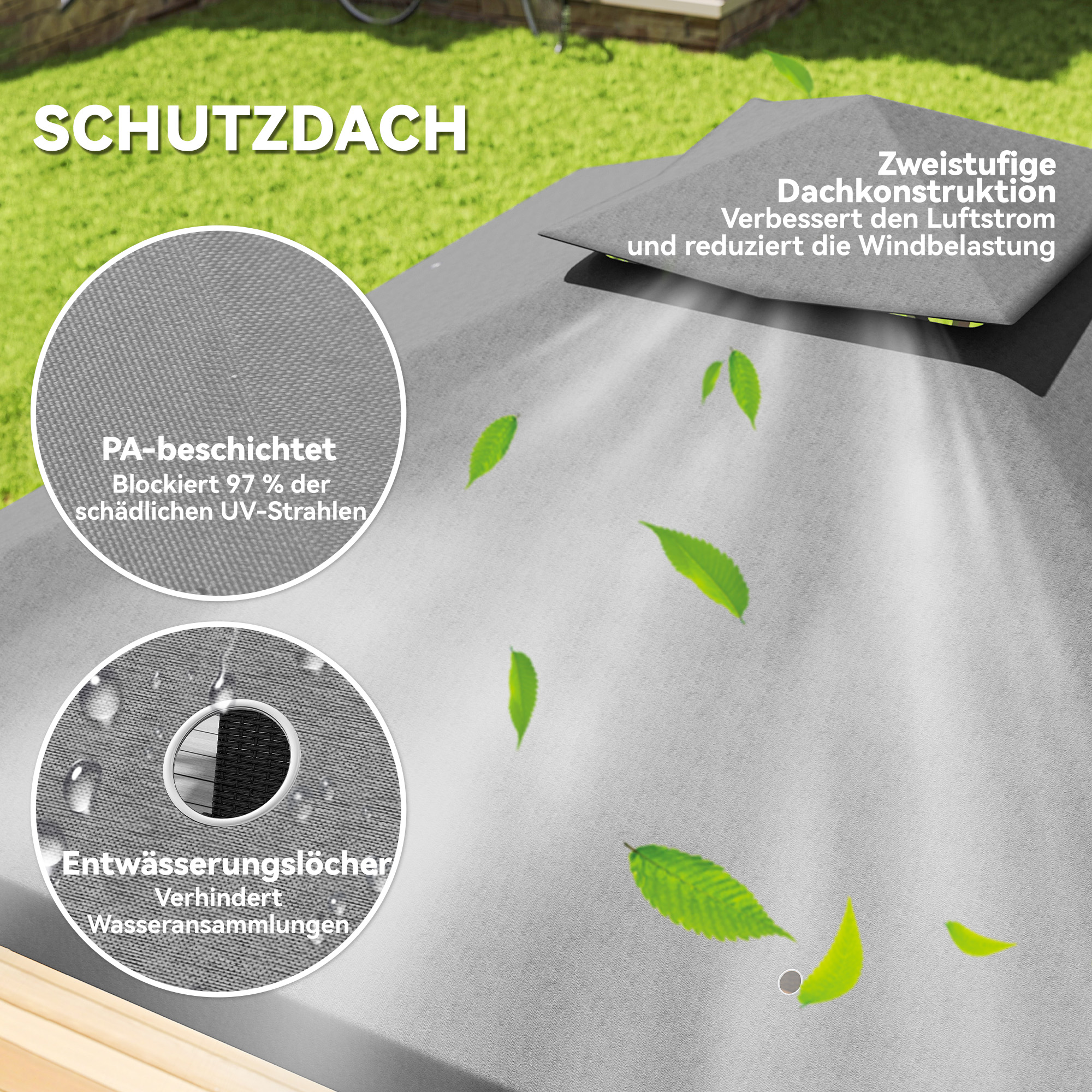 Outsunny 3 x 3 m Tuinpaviljoen, 2-Laags Dakontwerp, UV30+ Bescherming, UV-bestendig, Zonbescherming, Metalen Frame, Donkergrijs