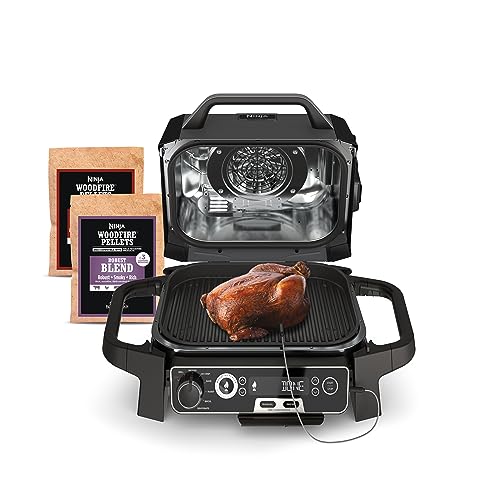 Ninja, Woodfire Pro Outdoor Grill and Smoker, Thermometer, BBQ Smoker, Air Fryer, Bake, Roast, Dehydrate, Broil, 7 in 1, Master Grill, Ninja Woodfire Pellets, Portable, Electric Grill, Grey, OG751BRN : Patio, Lawn & Garden